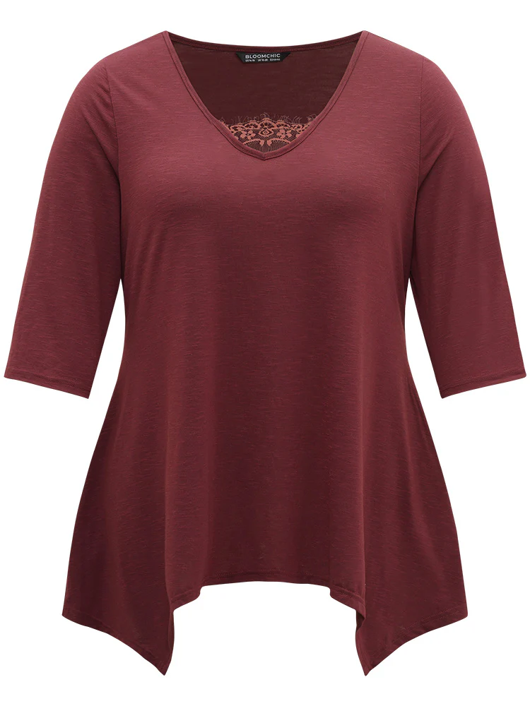 Solid Crochet Lace Mesh Hanky Hem T-shirt - Image 7