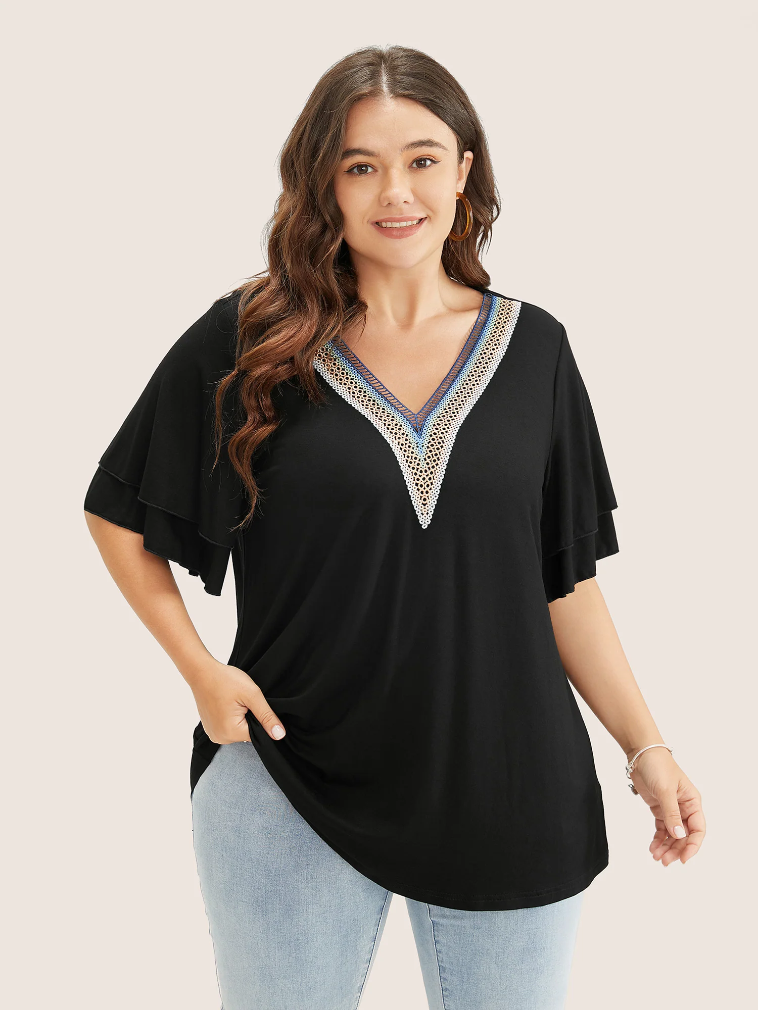 Solid Crochet Lace Ruffle Tiered Sleeve V Neck T-shirt