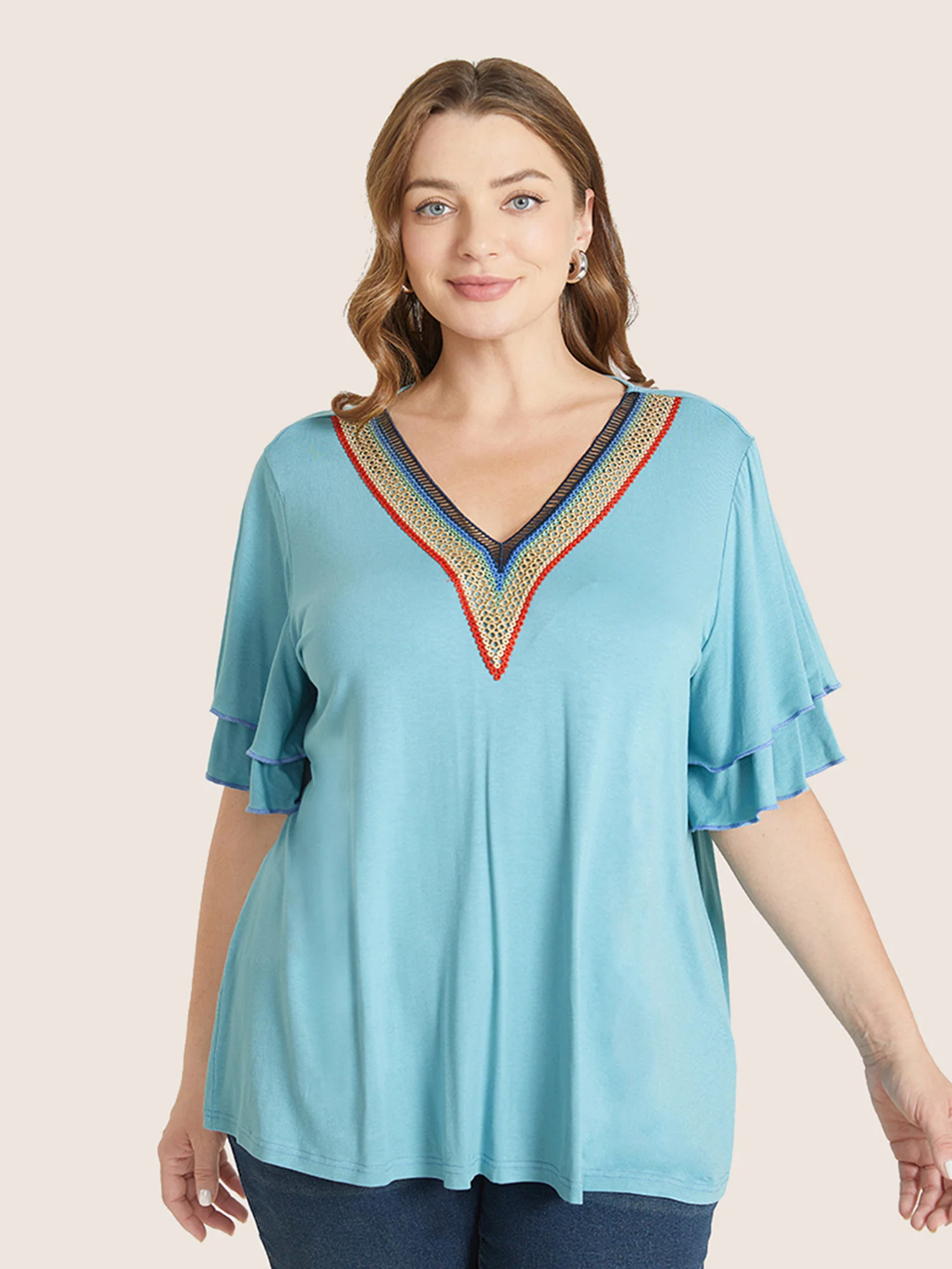 Solid Crochet Lace Ruffle Tiered Sleeve V Neck T-shirt - Image 10