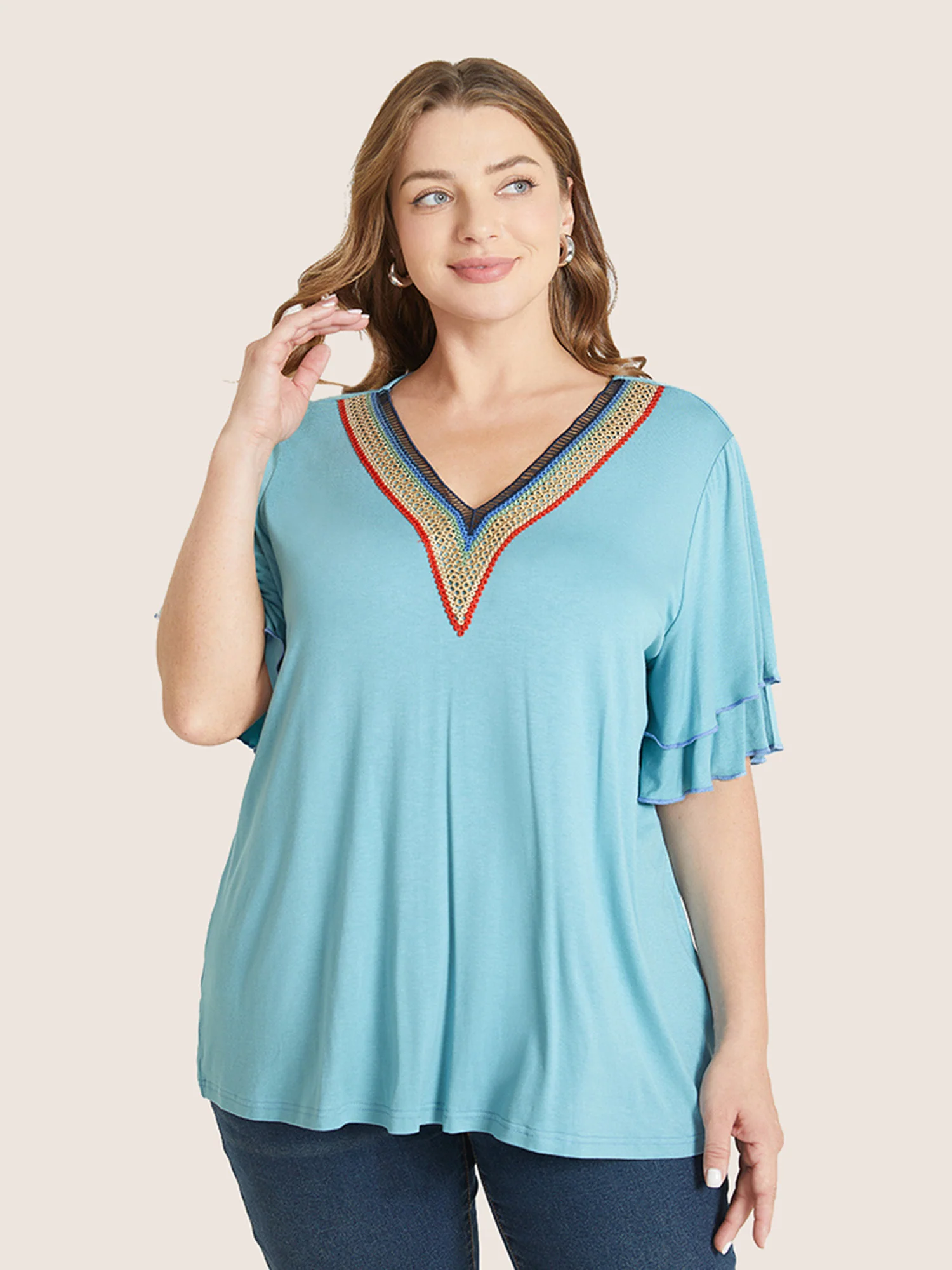 Solid Crochet Lace Ruffle Tiered Sleeve V Neck T-shirt - Image 11