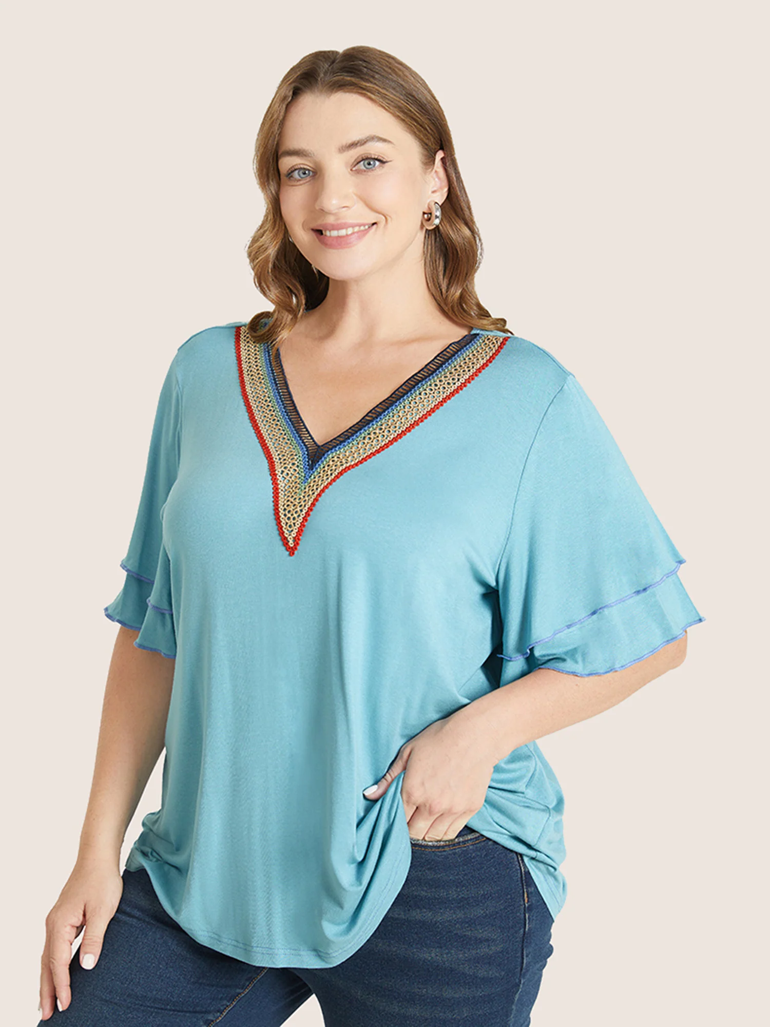 Solid Crochet Lace Ruffle Tiered Sleeve V Neck T-shirt - Image 12