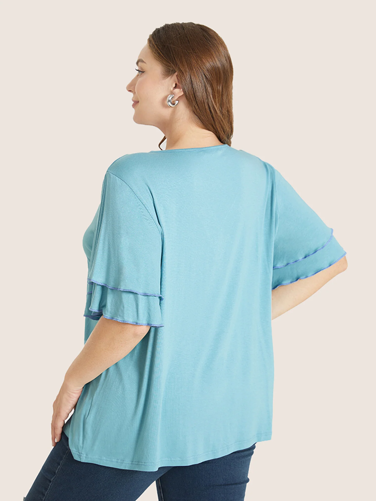 Solid Crochet Lace Ruffle Tiered Sleeve V Neck T-shirt - Image 13