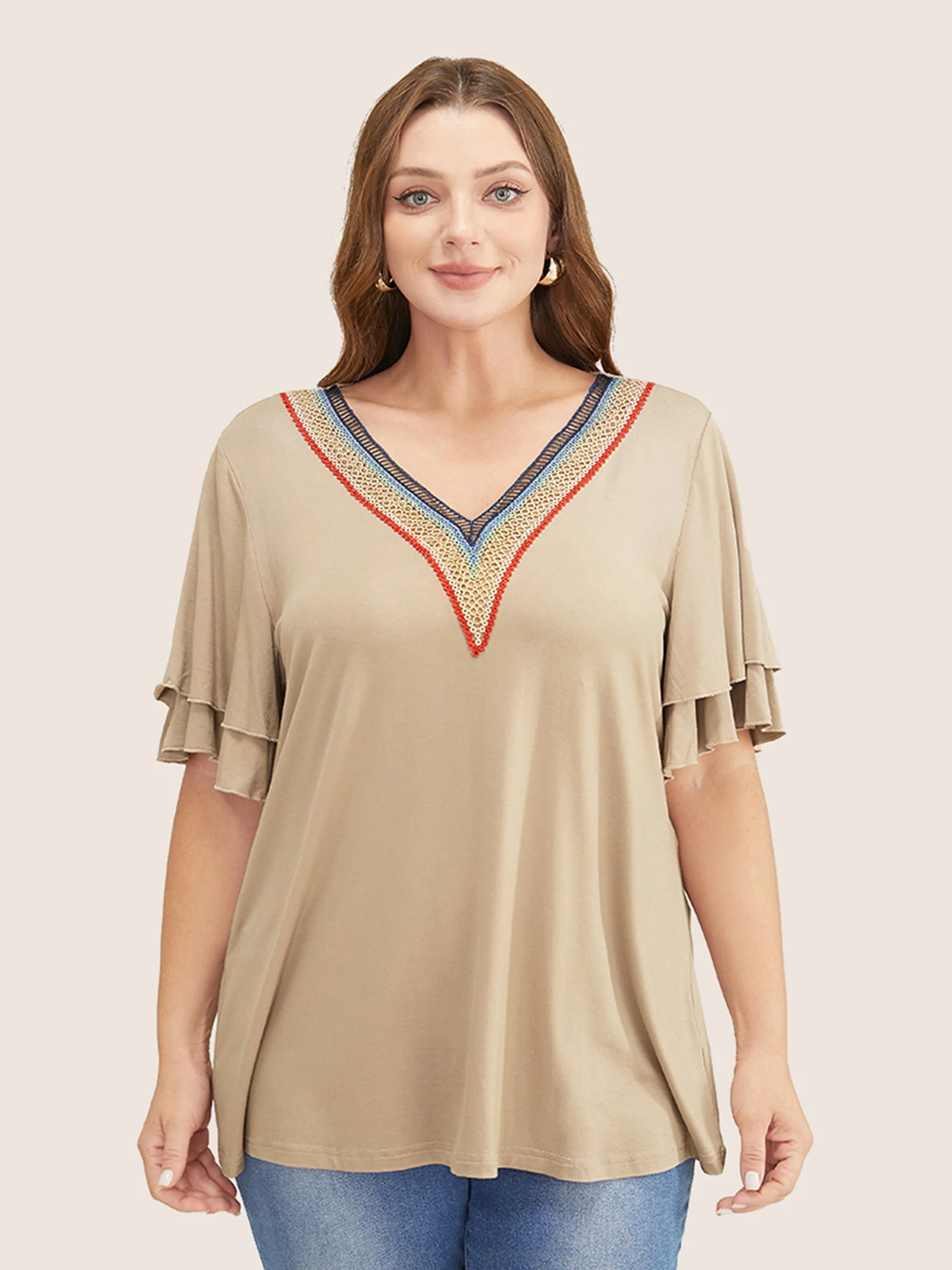 Solid Crochet Lace Ruffle Tiered Sleeve V Neck T-shirt - Image 14