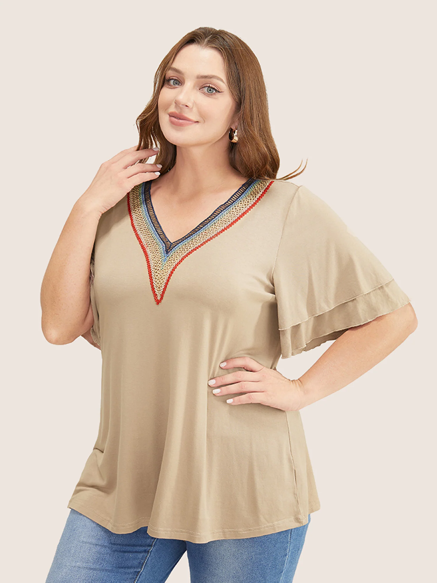 Solid Crochet Lace Ruffle Tiered Sleeve V Neck T-shirt - Image 15