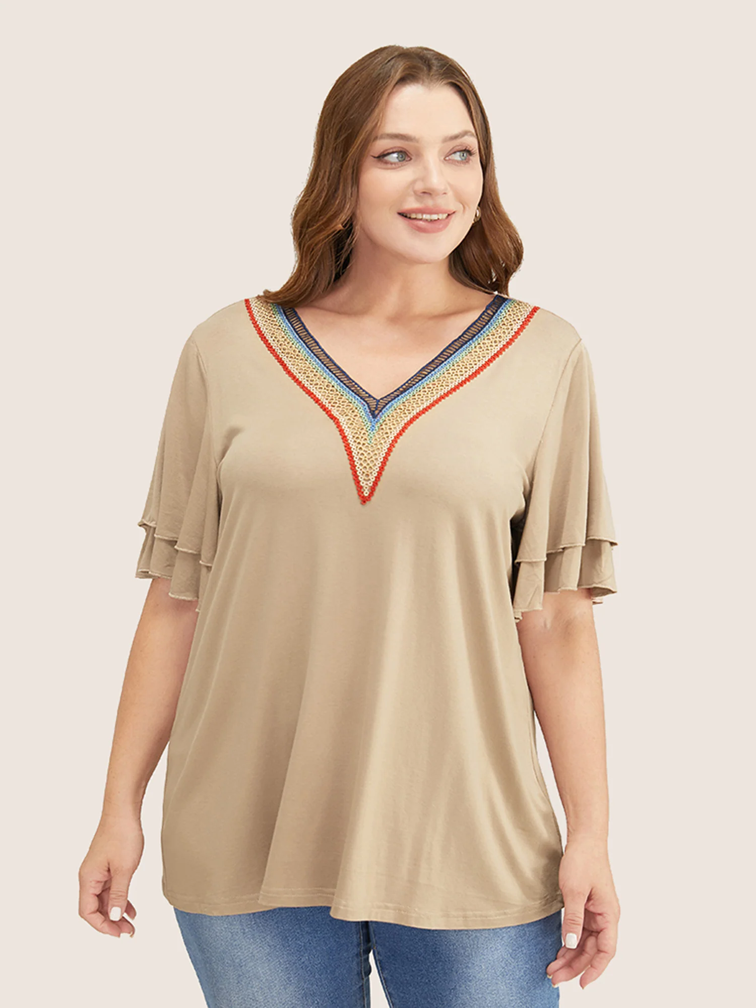 Solid Crochet Lace Ruffle Tiered Sleeve V Neck T-shirt - Image 16