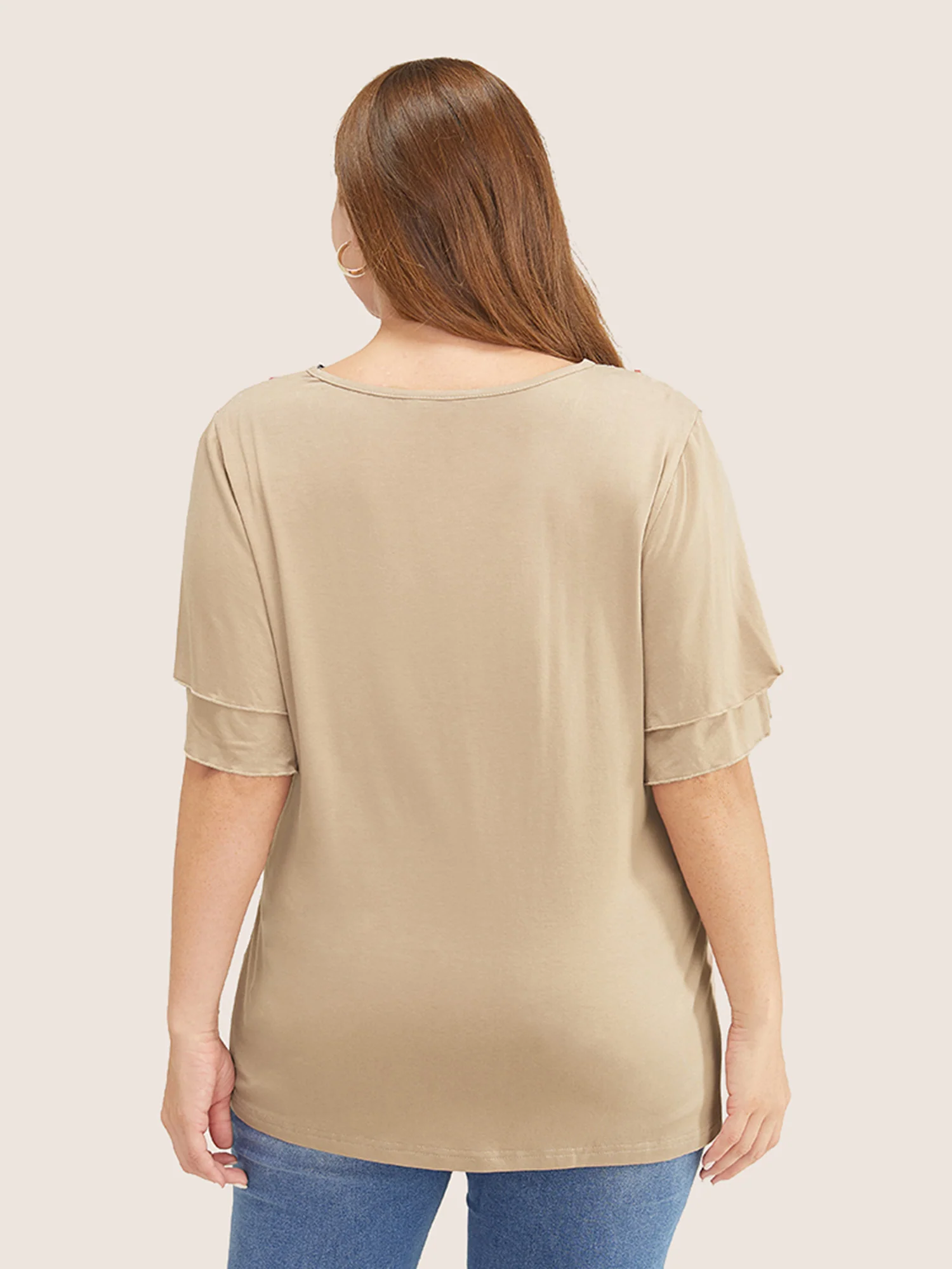 Solid Crochet Lace Ruffle Tiered Sleeve V Neck T-shirt - Image 17
