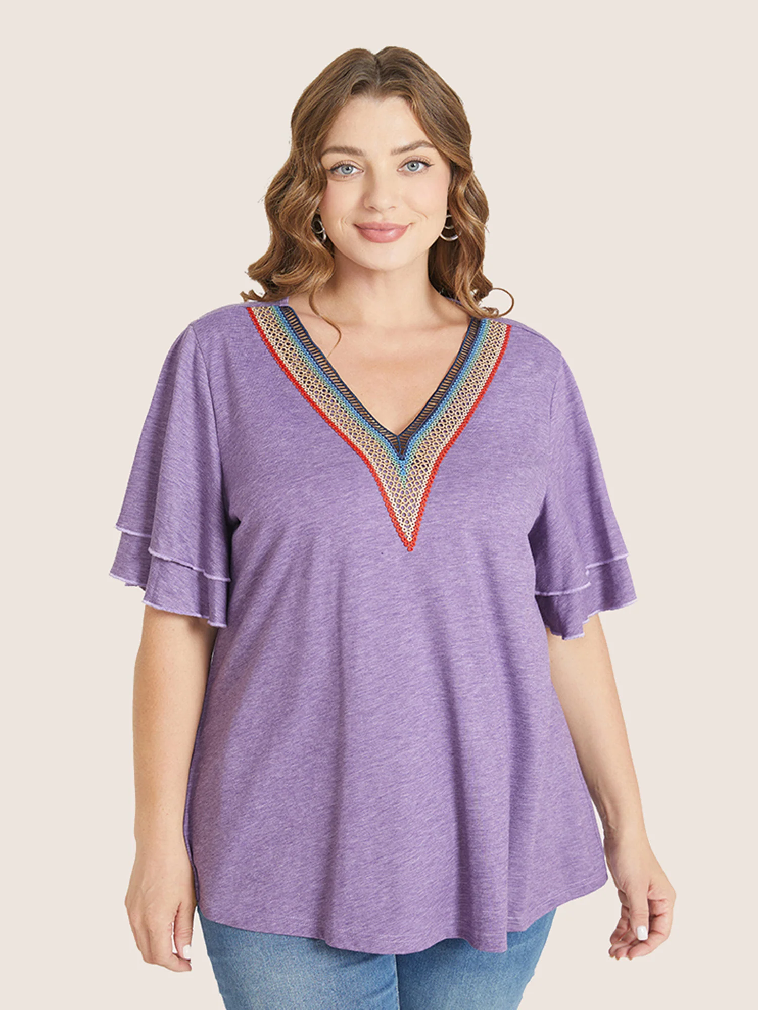 Solid Crochet Lace Ruffle Tiered Sleeve V Neck T-shirt - Image 18