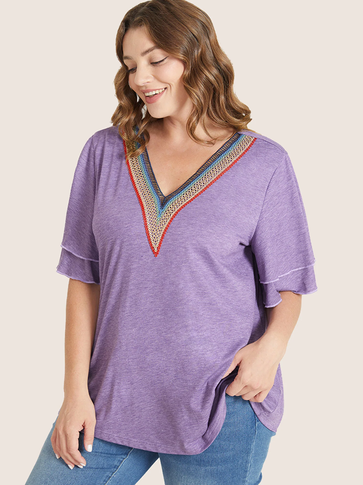Solid Crochet Lace Ruffle Tiered Sleeve V Neck T-shirt - Image 19