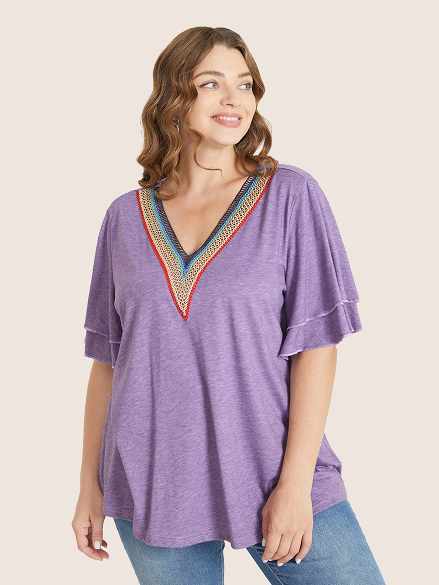 Solid Crochet Lace Ruffle Tiered Sleeve V Neck T-shirt - Image 20
