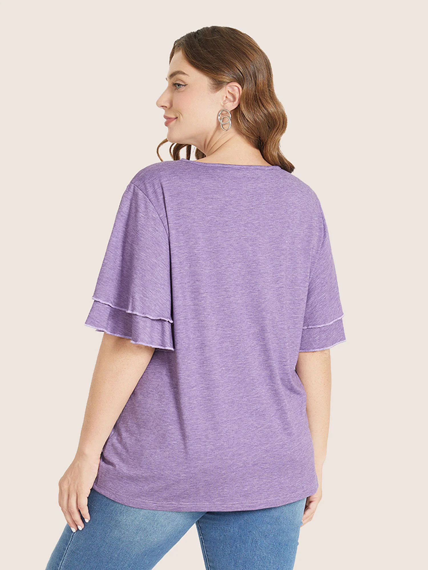 Solid Crochet Lace Ruffle Tiered Sleeve V Neck T-shirt - Image 21