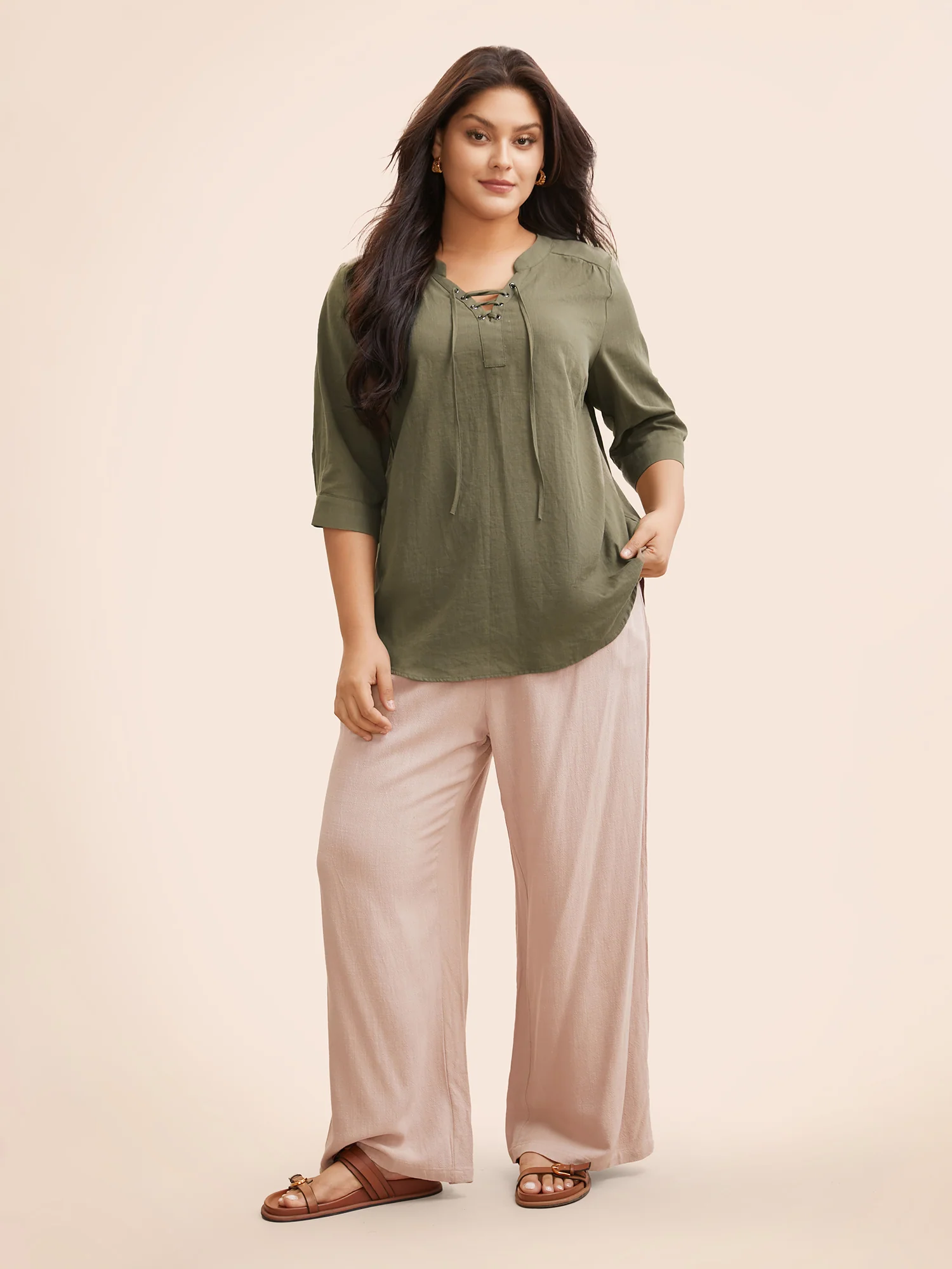 Solid Cross Straps Pleated Blouse - Image 3