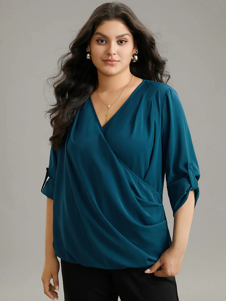 Solid Crossover Roll Tab Sleeve Blouse - Image 2