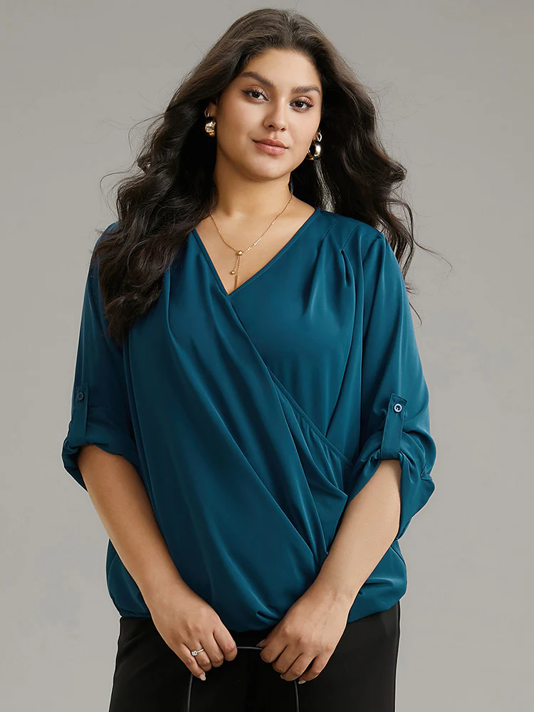 Solid Crossover Roll Tab Sleeve Blouse - Image 3