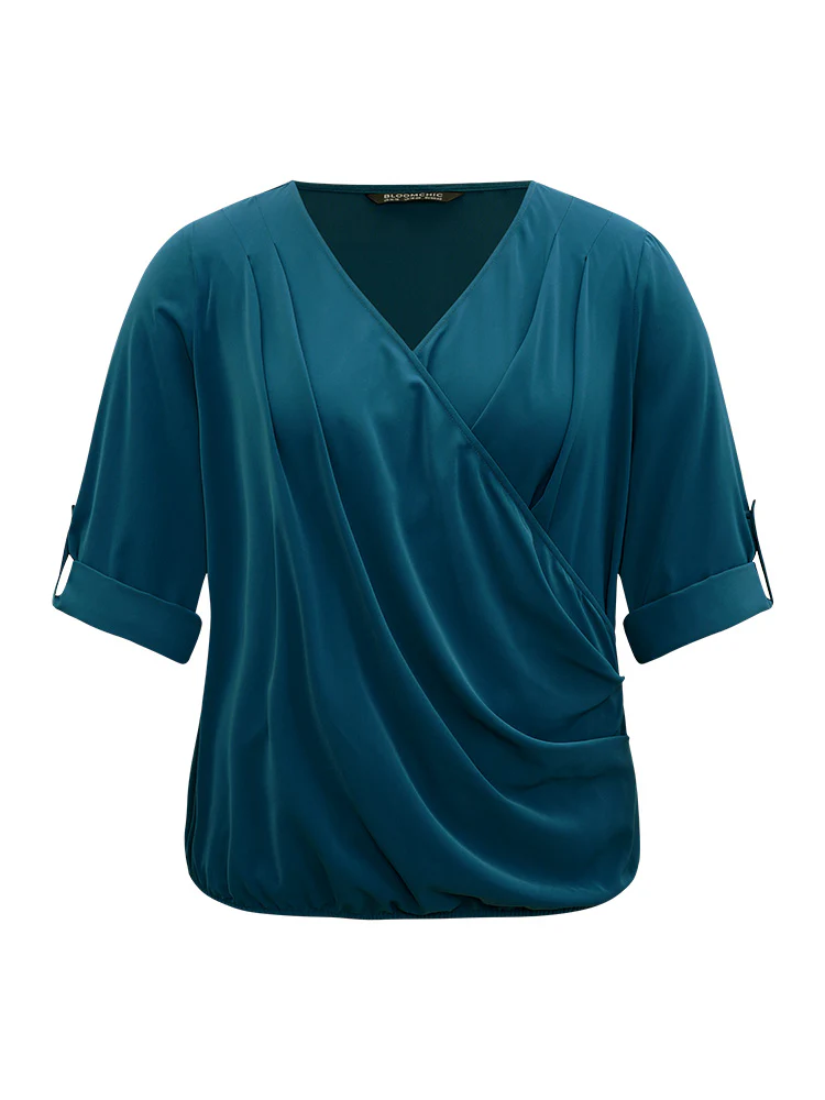 Solid Crossover Roll Tab Sleeve Blouse - Image 8