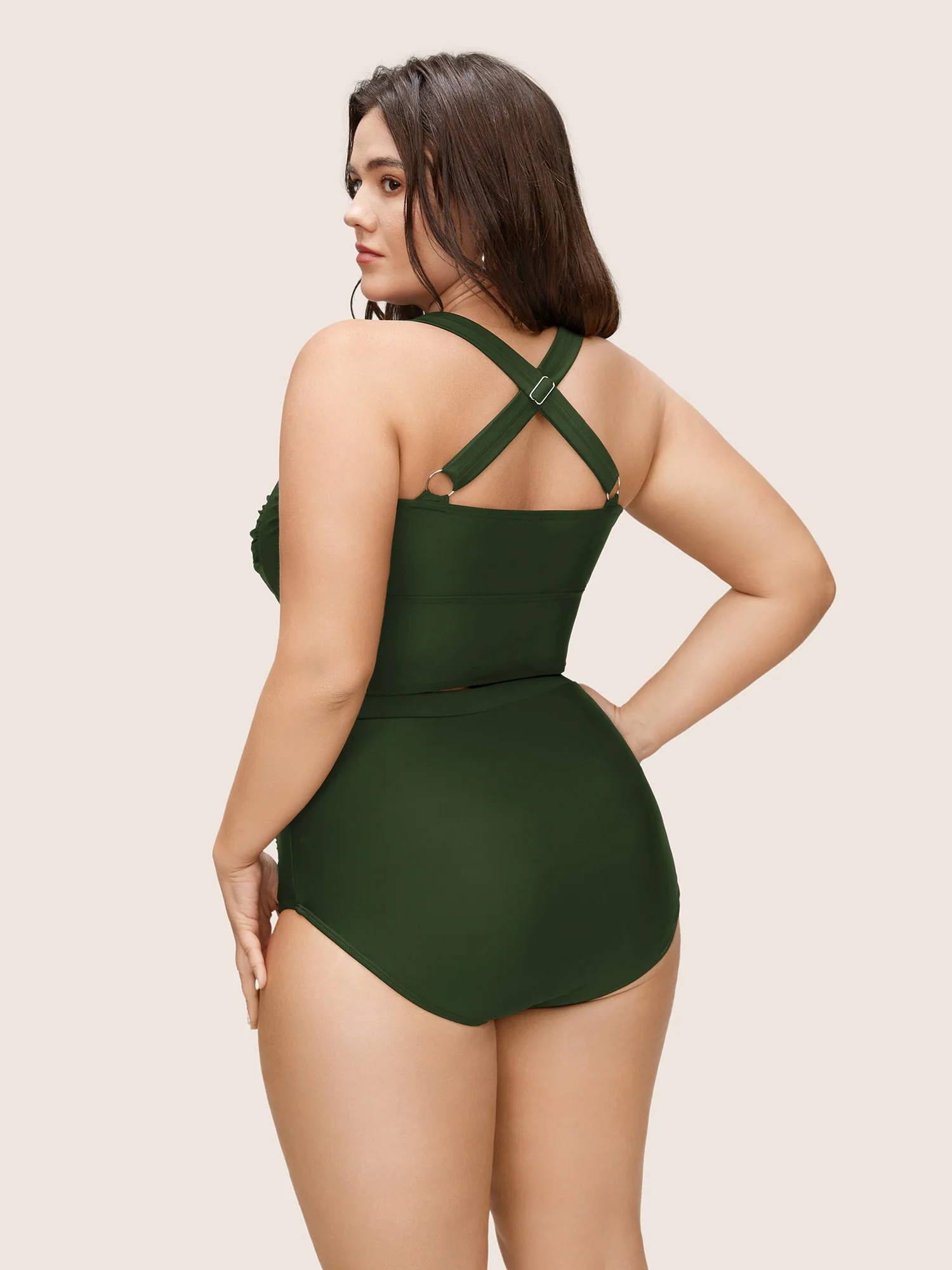 Solid Crossover Square Neck Adjustable Straps Swim Top - Image 10