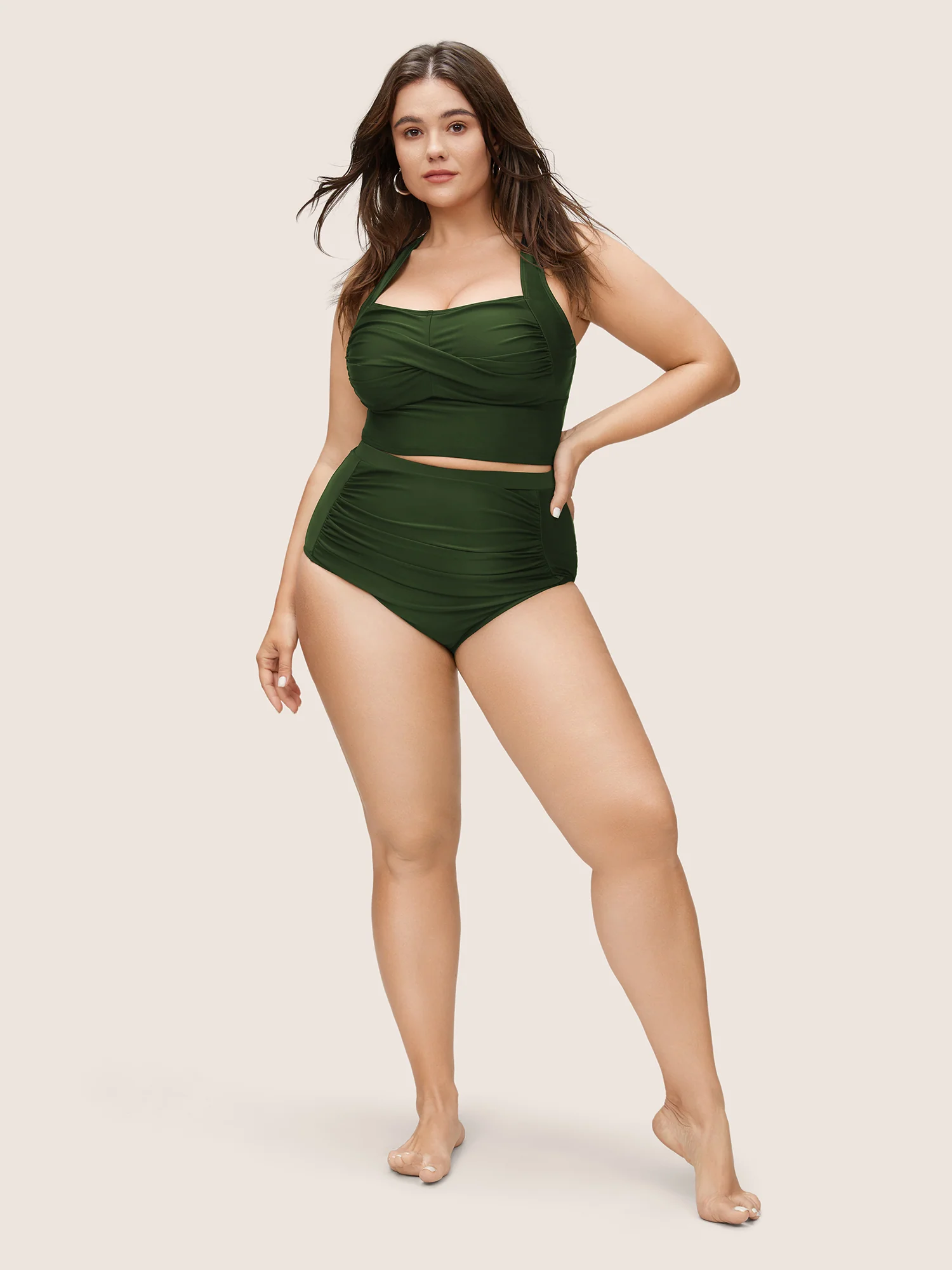 Solid Crossover Square Neck Adjustable Straps Swim Top - Image 12