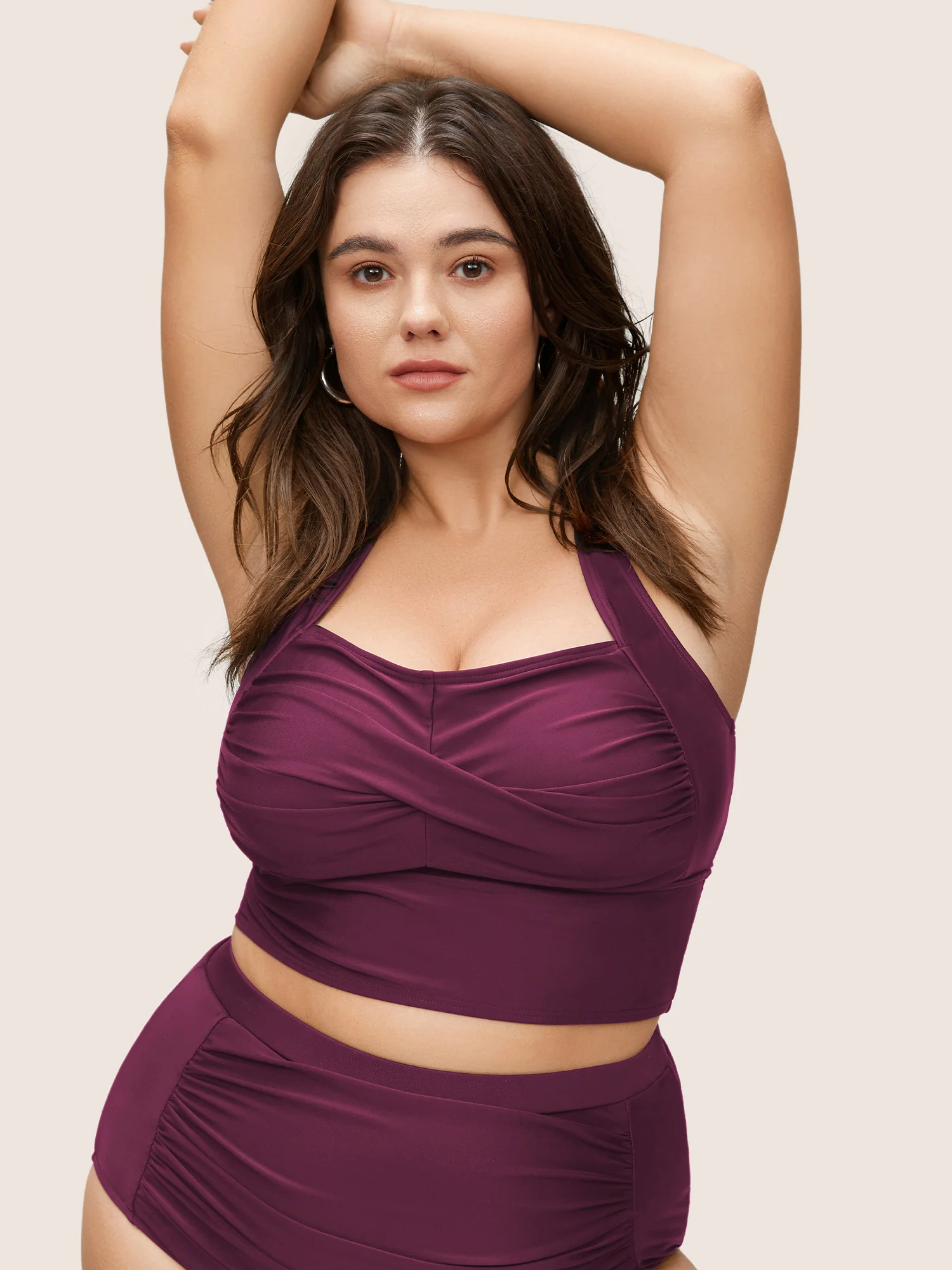 Solid Crossover Square Neck Adjustable Straps Swim Top - Image 13
