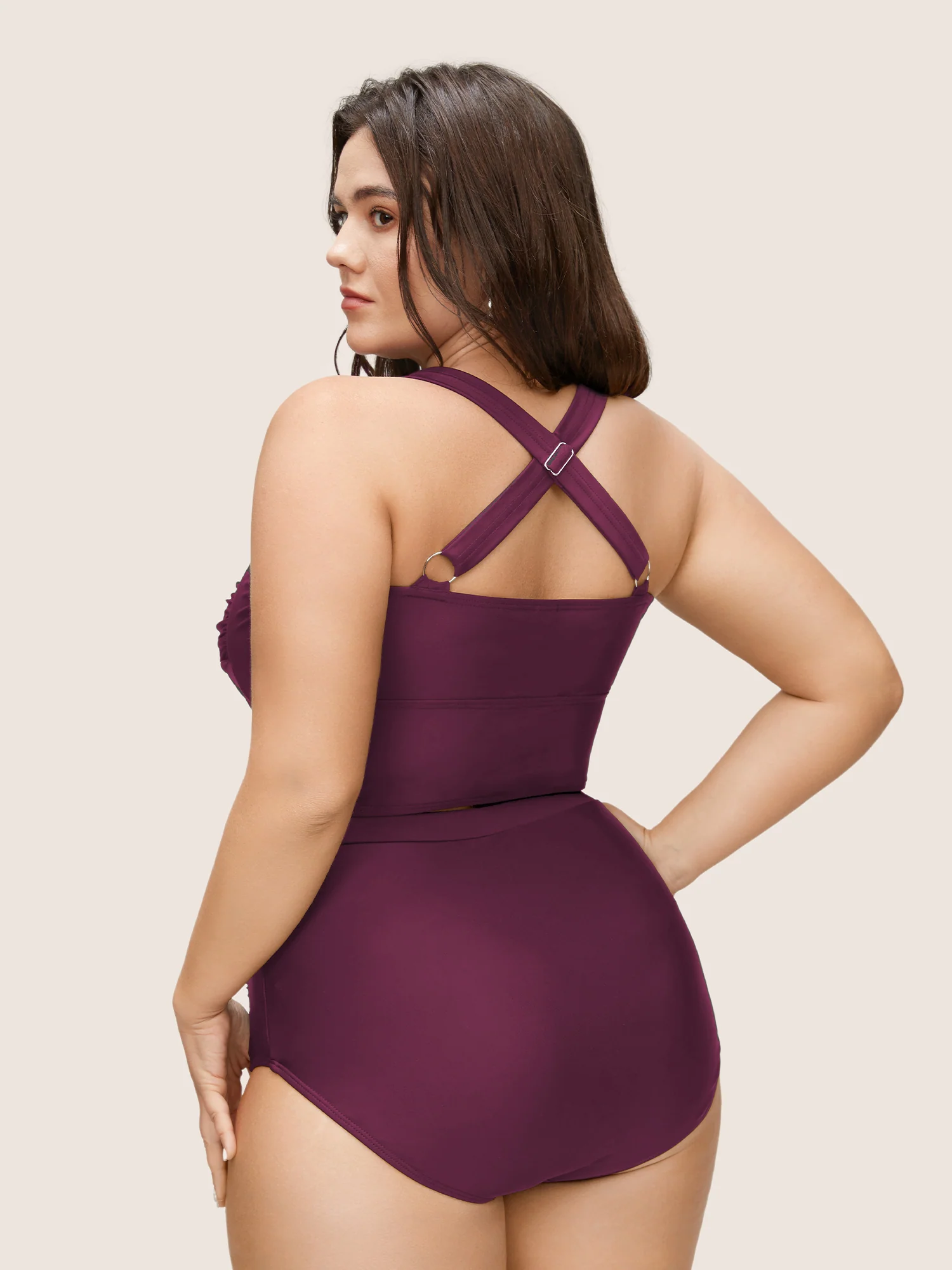 Solid Crossover Square Neck Adjustable Straps Swim Top - Image 14