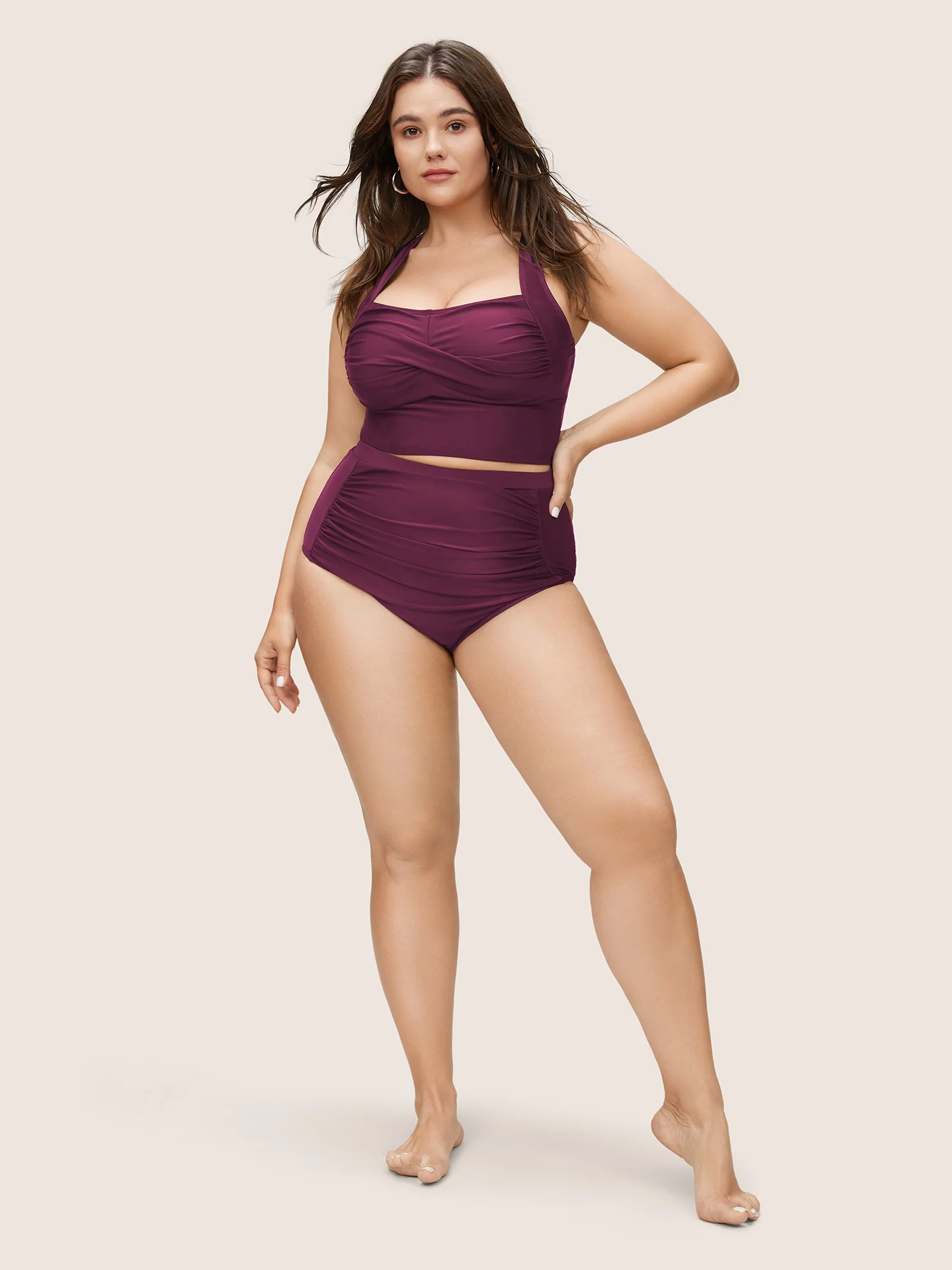 Solid Crossover Square Neck Adjustable Straps Swim Top - Image 16
