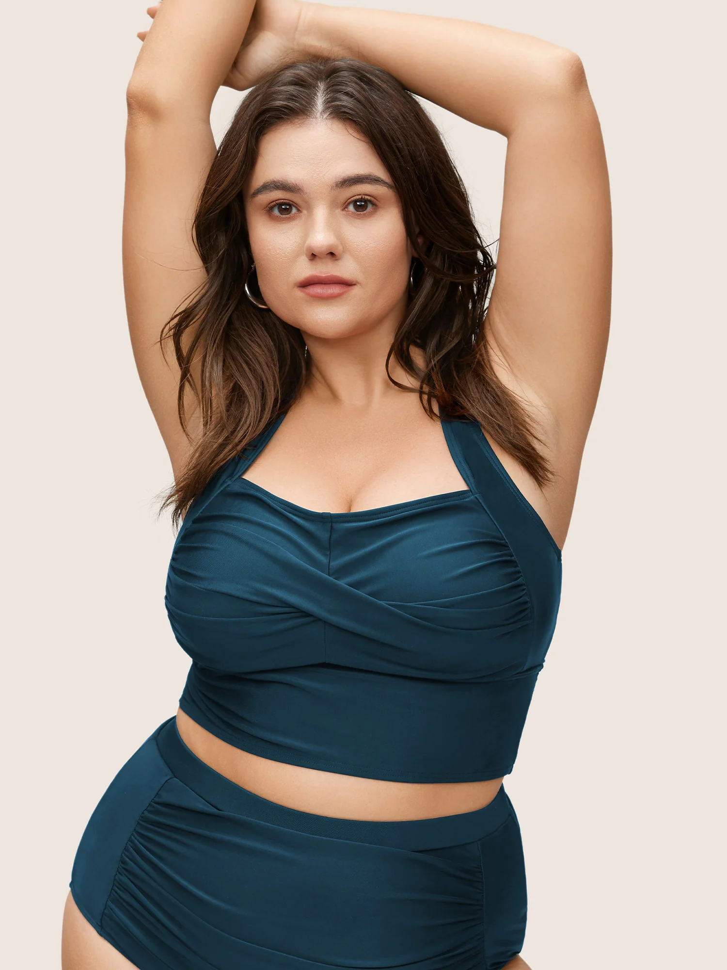 Solid Crossover Square Neck Adjustable Straps Swim Top - Image 17