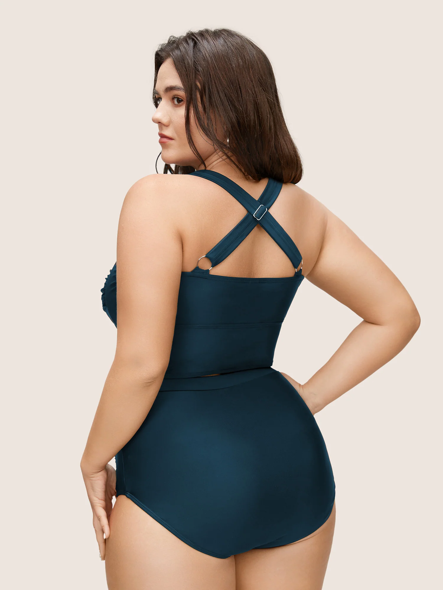 Solid Crossover Square Neck Adjustable Straps Swim Top - Image 18