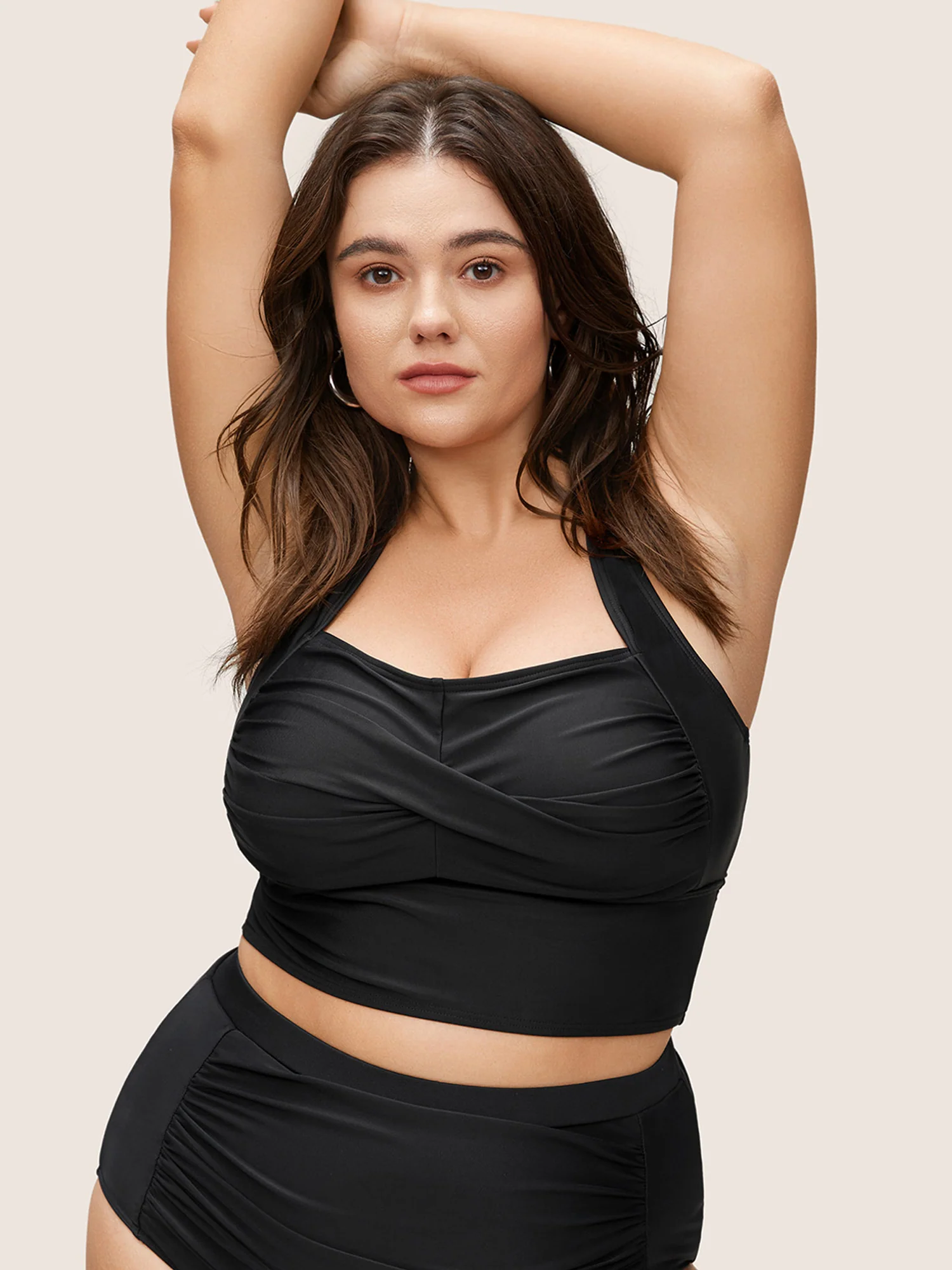 Solid Crossover Square Neck Adjustable Straps Swim Top - Image 2
