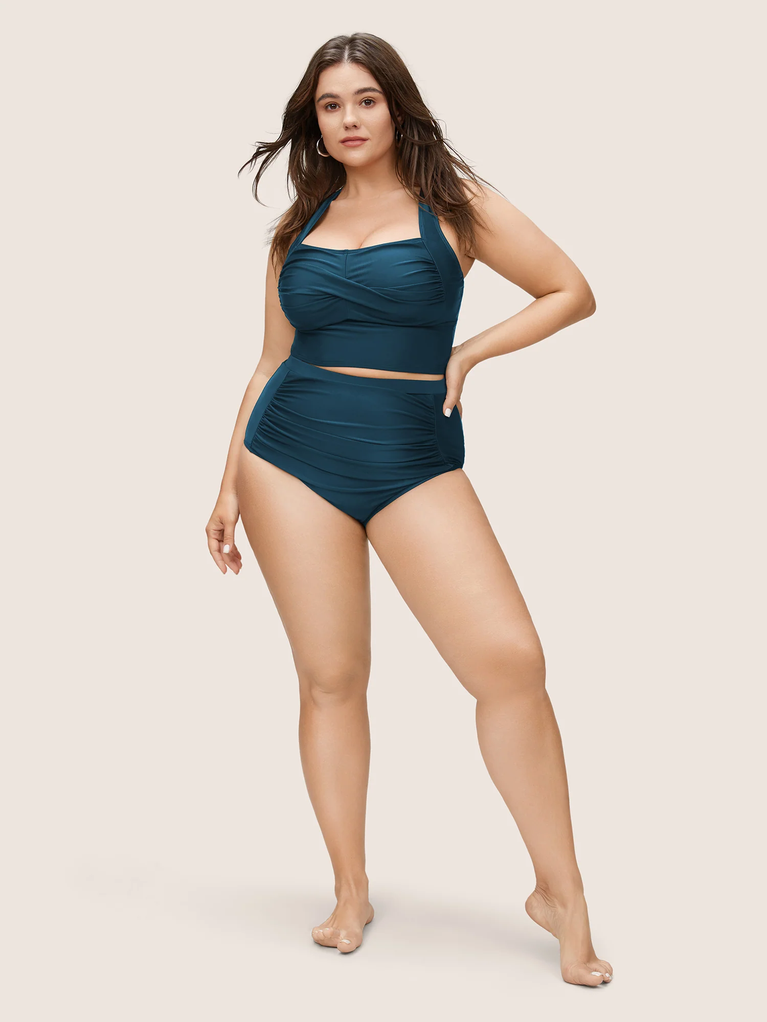 Solid Crossover Square Neck Adjustable Straps Swim Top - Image 20