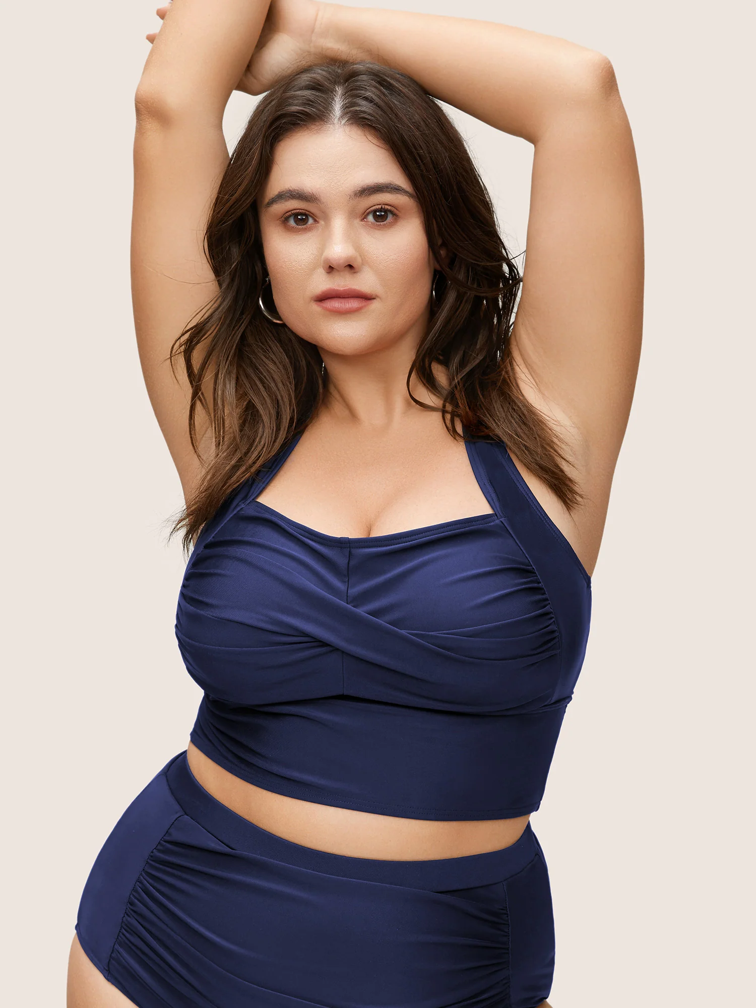 Solid Crossover Square Neck Adjustable Straps Swim Top - Image 21