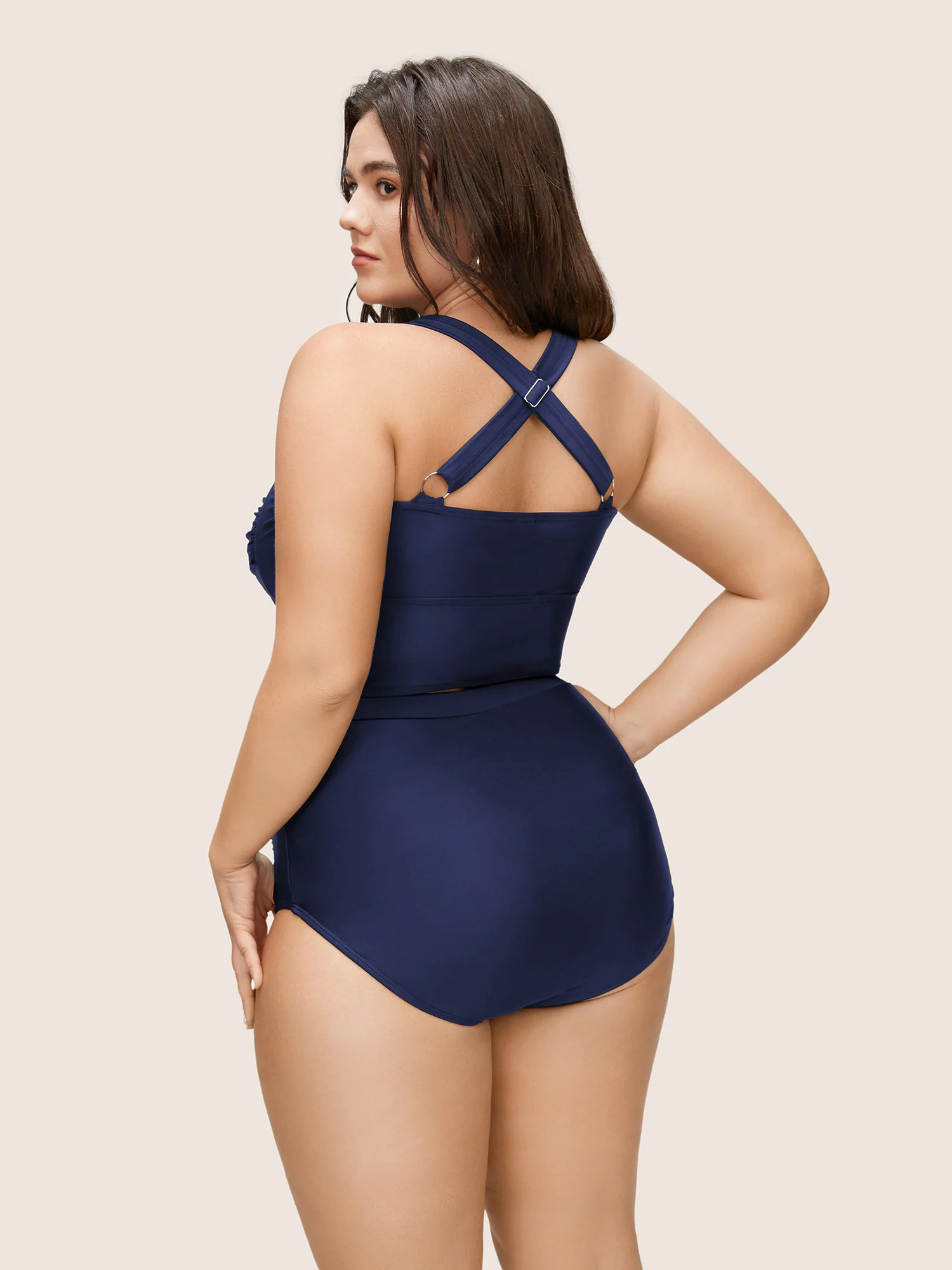 Solid Crossover Square Neck Adjustable Straps Swim Top - Image 22