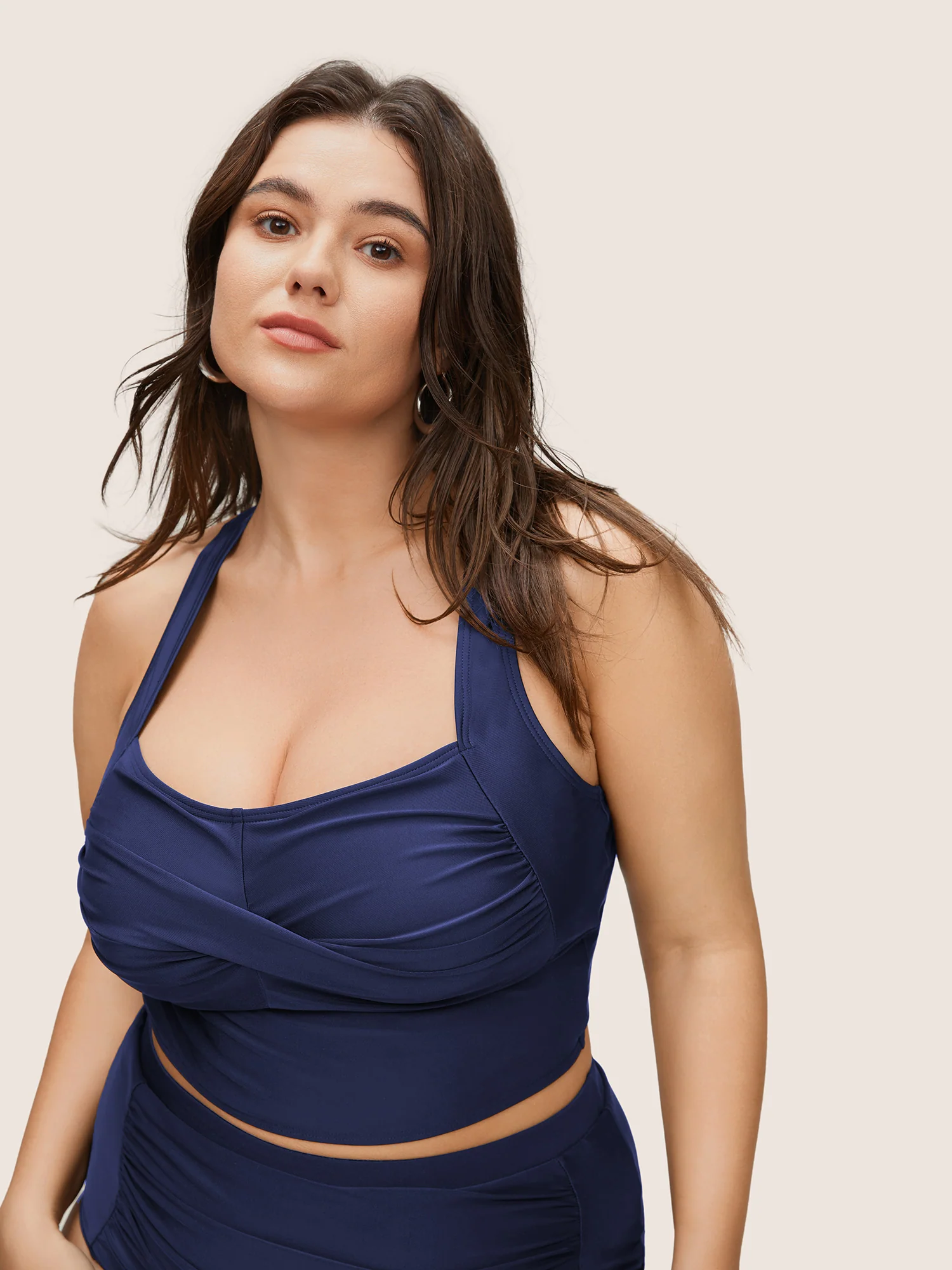 Solid Crossover Square Neck Adjustable Straps Swim Top - Image 23