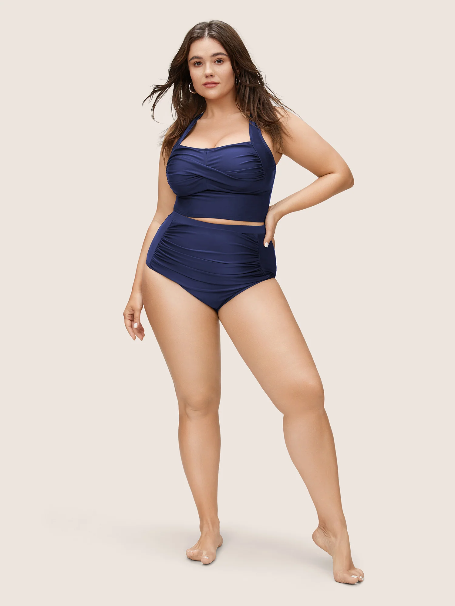 Solid Crossover Square Neck Adjustable Straps Swim Top - Image 24