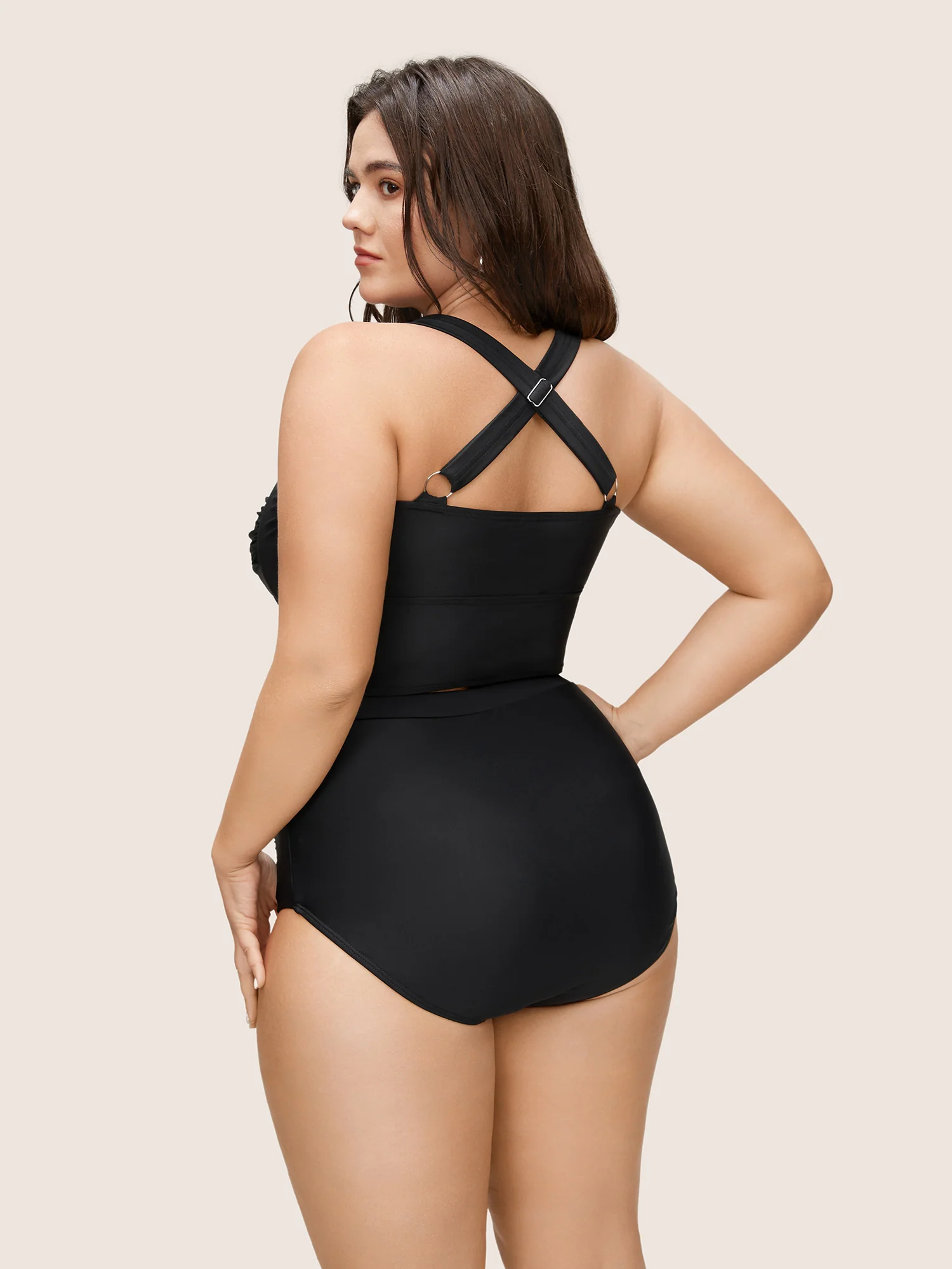 Solid Crossover Square Neck Adjustable Straps Swim Top - Image 3