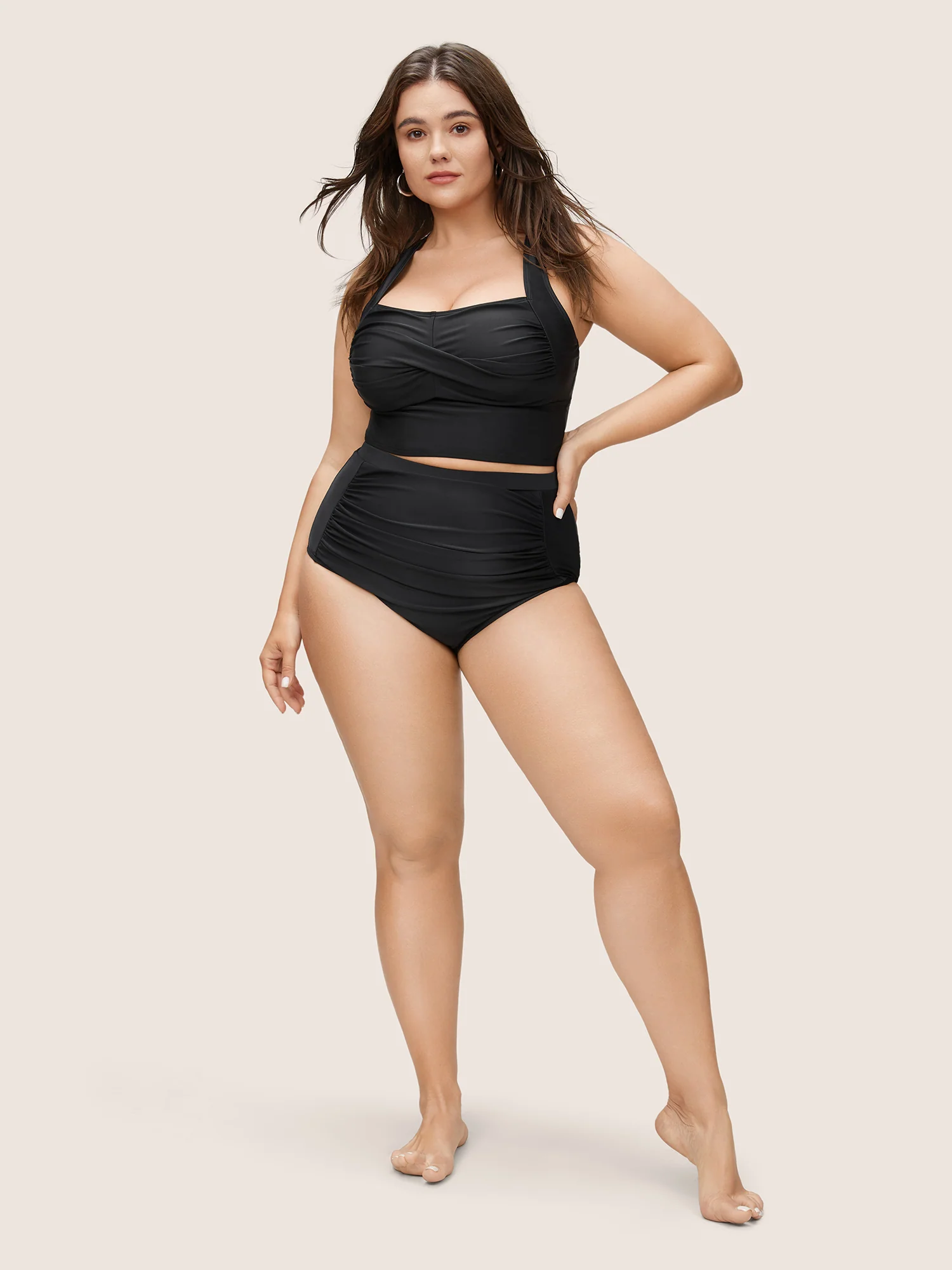 Solid Crossover Square Neck Adjustable Straps Swim Top - Image 4