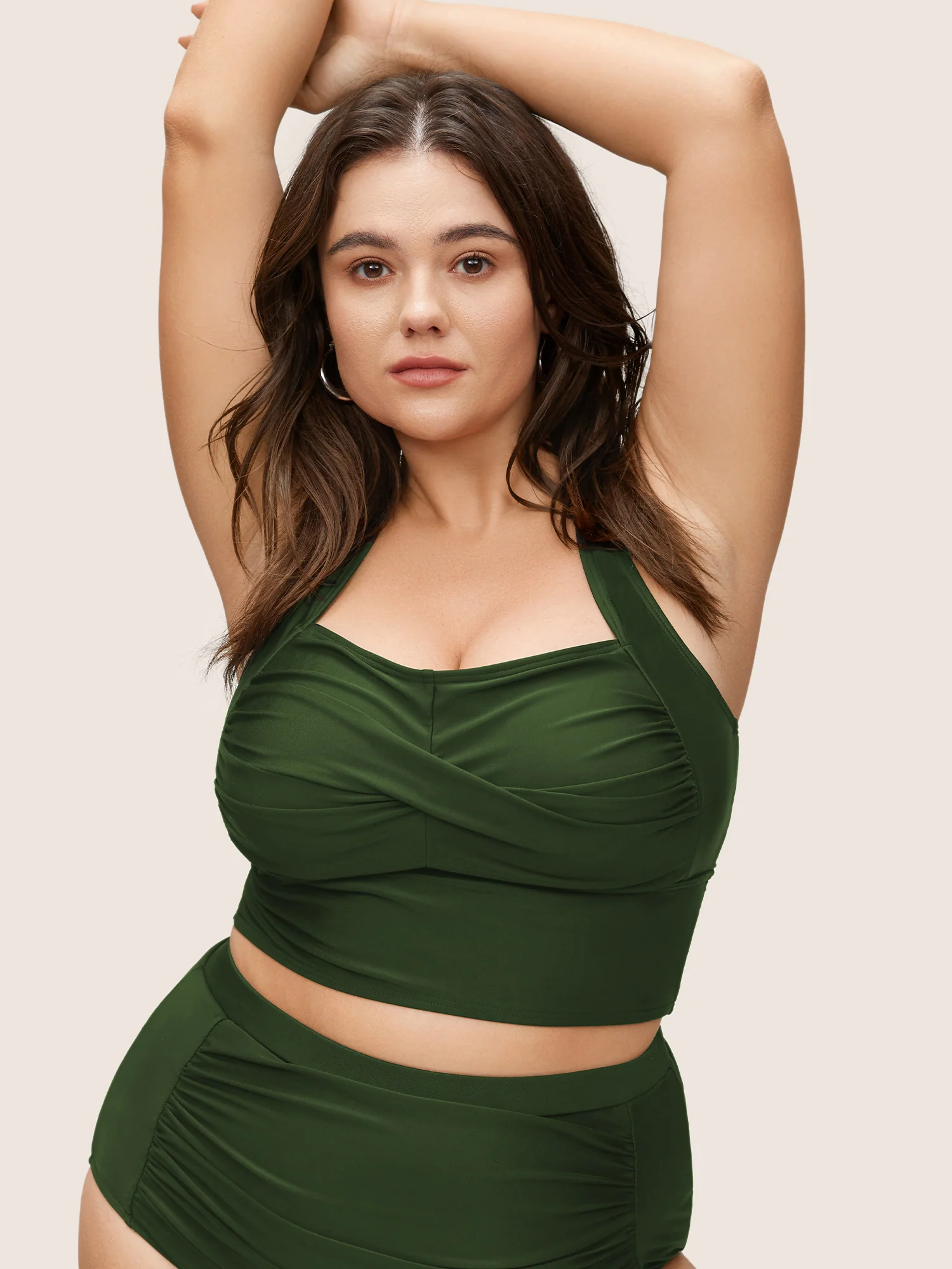 Solid Crossover Square Neck Adjustable Straps Swim Top - Image 9