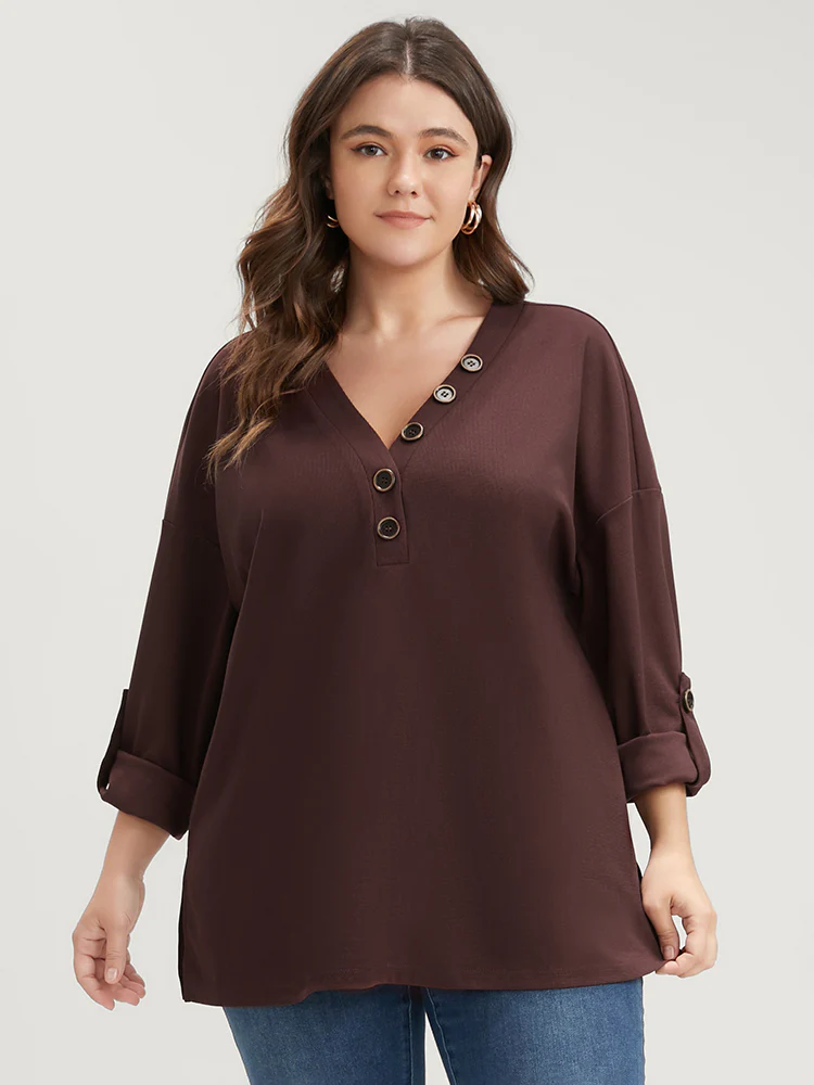 Solid Cuffed Sleeve Split Hem Long Tee - Image 2