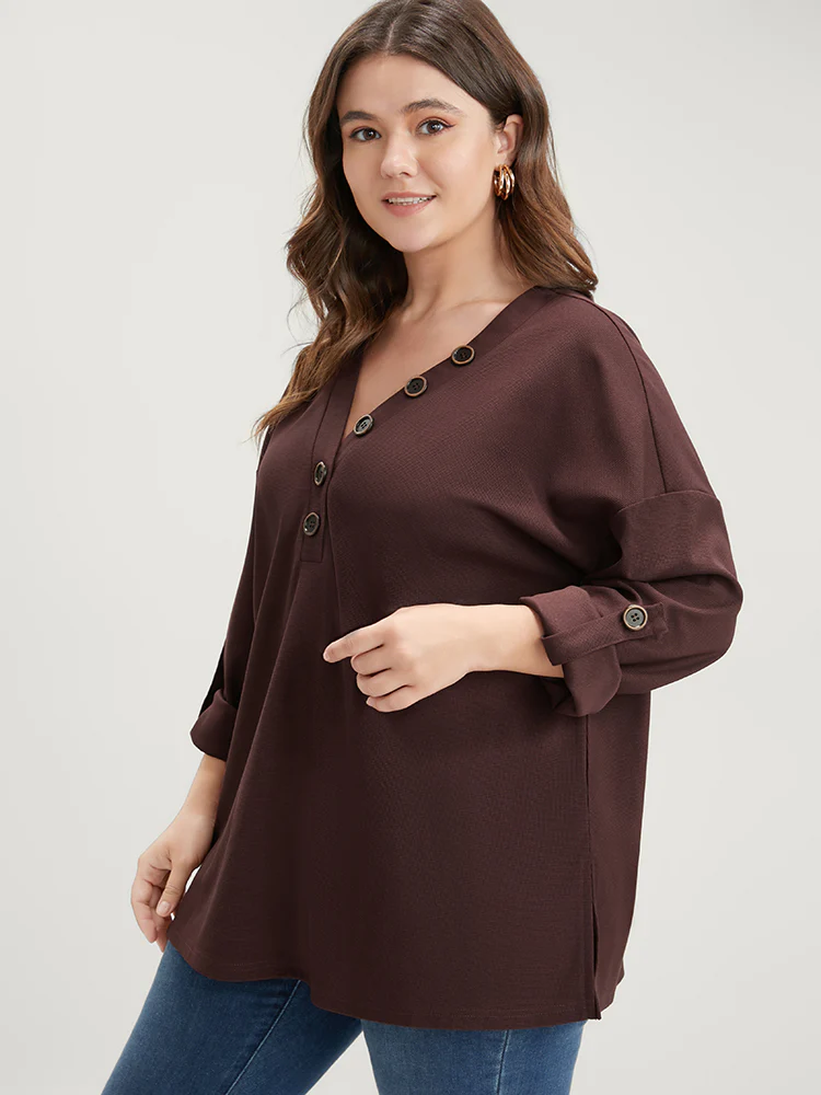 Solid Cuffed Sleeve Split Hem Long Tee - Image 3