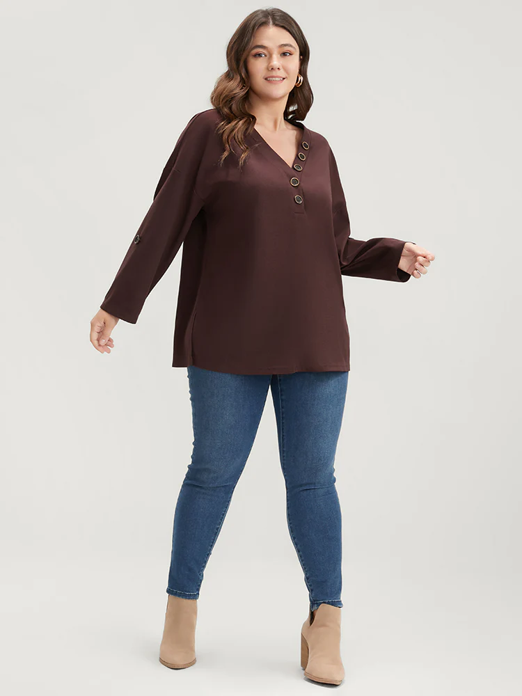 Solid Cuffed Sleeve Split Hem Long Tee - Image 4