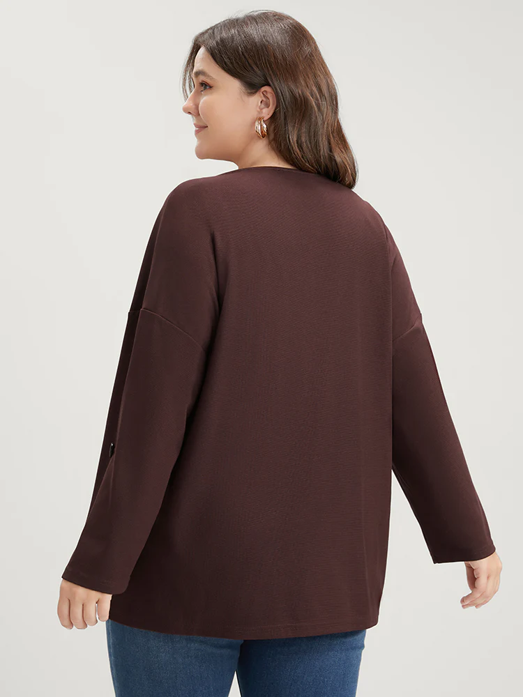 Solid Cuffed Sleeve Split Hem Long Tee - Image 5