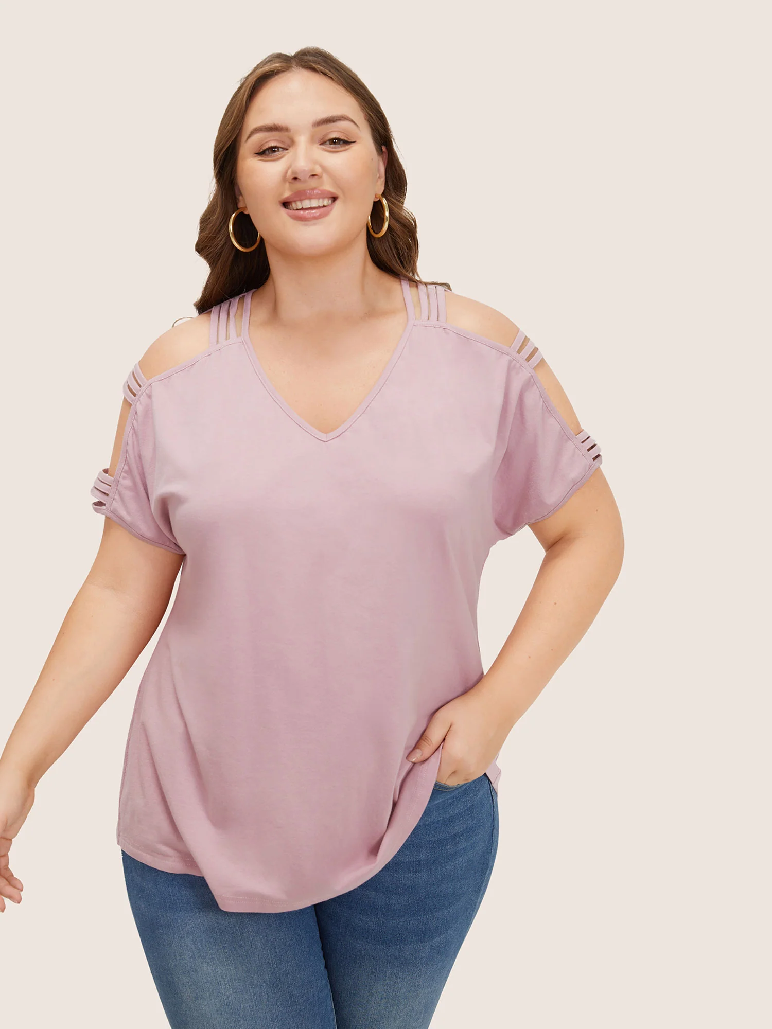 Solid Cut Out Batwing Sleeve T-shirt - Image 2