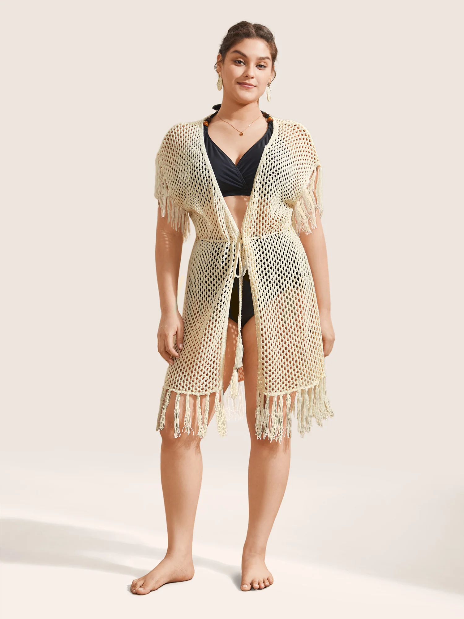 Solid Cut Out Drawstring Tassel Trim Swim Cover Up - Image 3