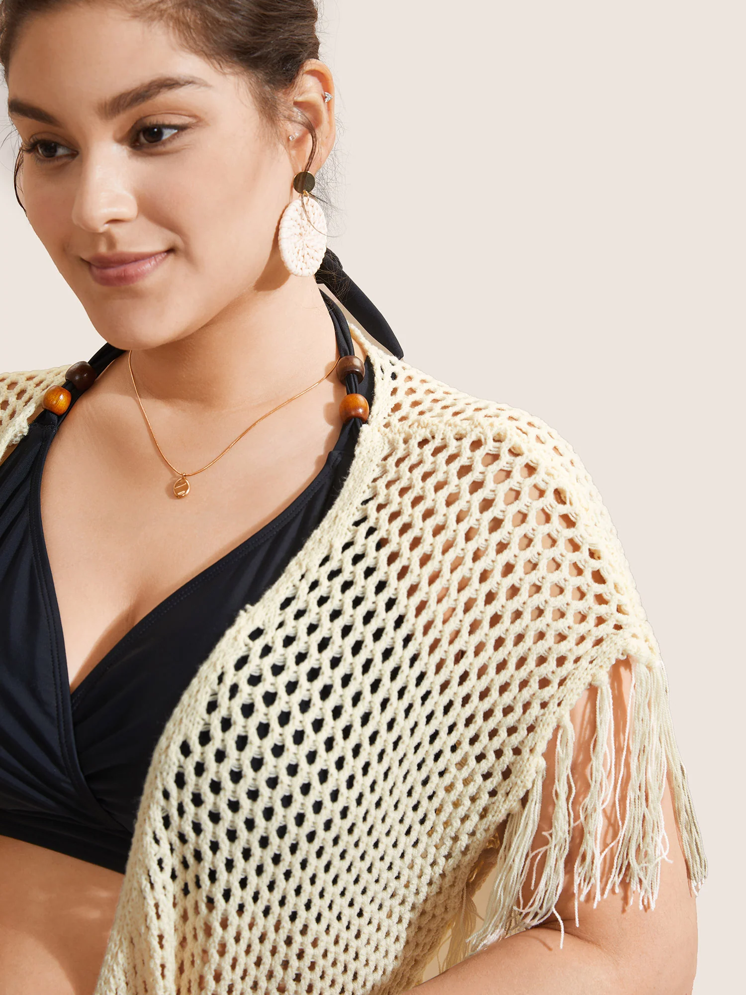 Solid Cut Out Drawstring Tassel Trim Swim Cover Up - Image 4