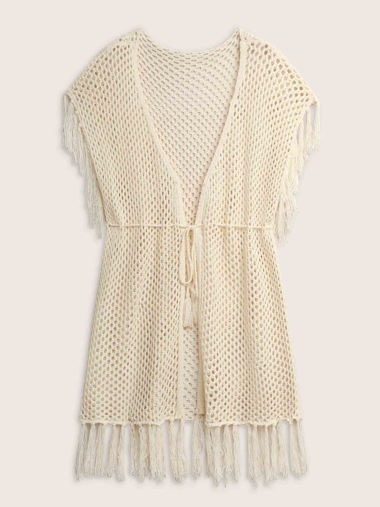 Solid Cut Out Drawstring Tassel Trim Swim Cover Up - Image 6