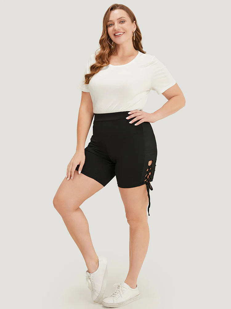 Solid Cut Out Lace Up Shorts - Image 2