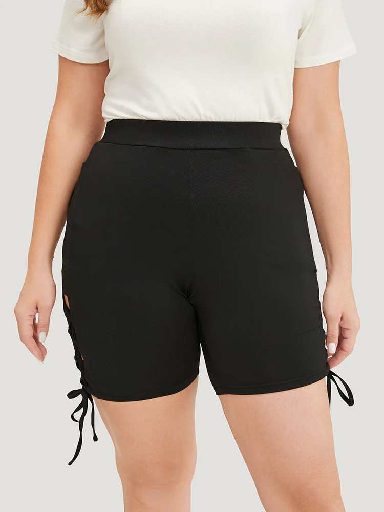 Solid Cut Out Lace Up Shorts - Image 3
