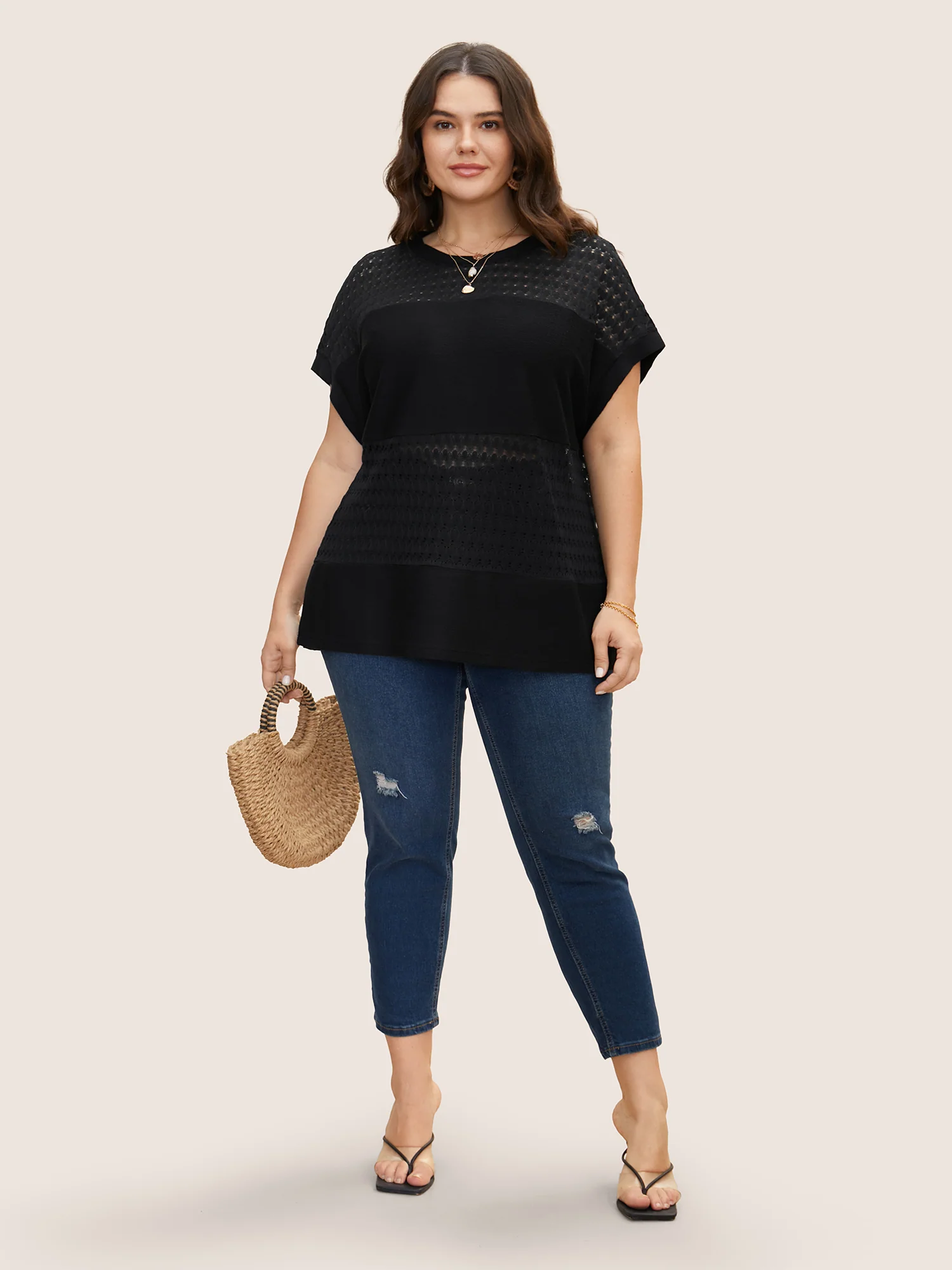 Solid Cut Out Patchwork Split Hem T-shirt - Image 3