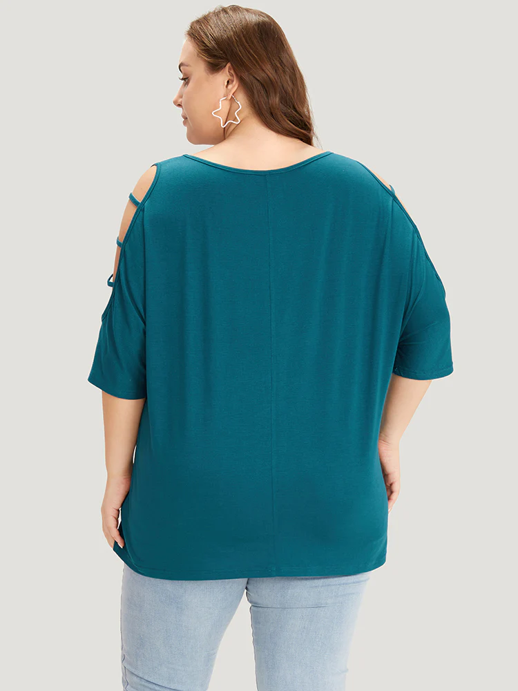 Solid Cut Out Round Neck Dolman Sleeve T-shirt - Image 2