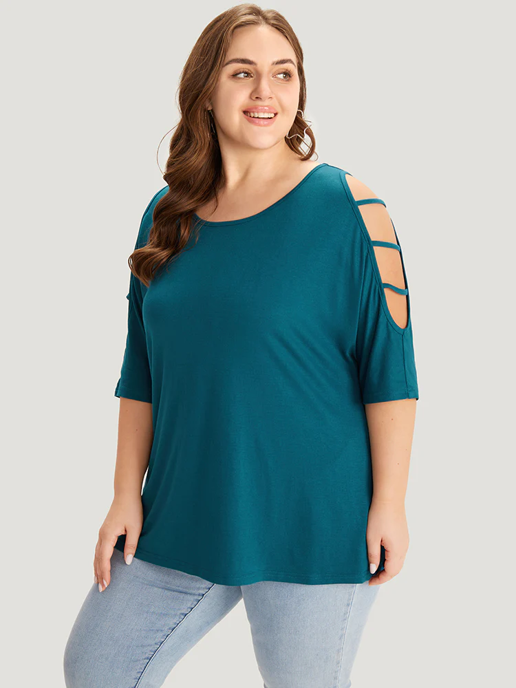 Solid Cut Out Round Neck Dolman Sleeve T-shirt - Image 3