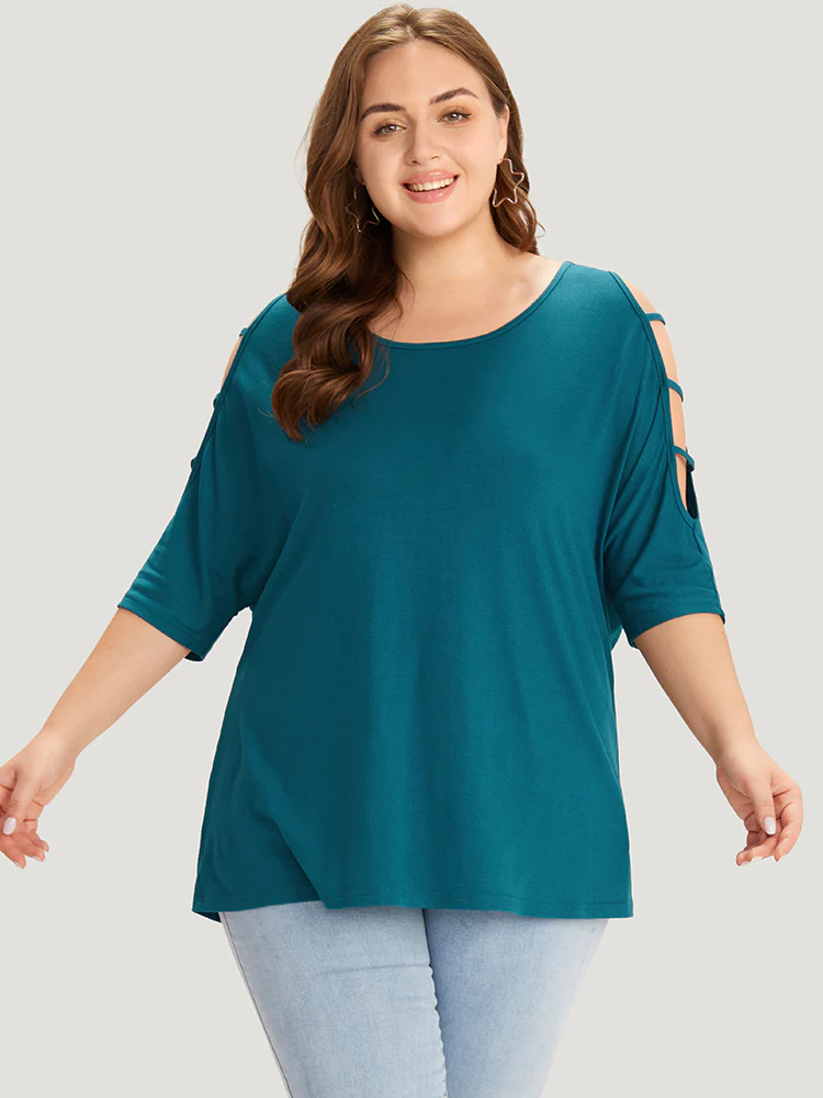 Solid Cut Out Round Neck Dolman Sleeve T-shirt - Image 4