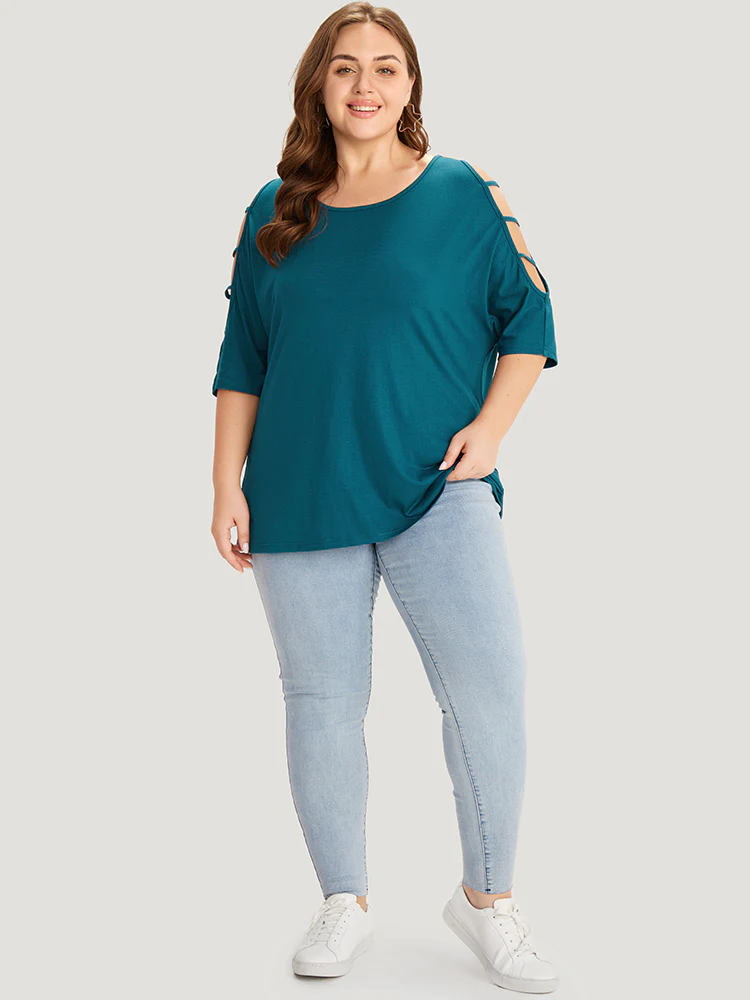 Solid Cut Out Round Neck Dolman Sleeve T-shirt - Image 5