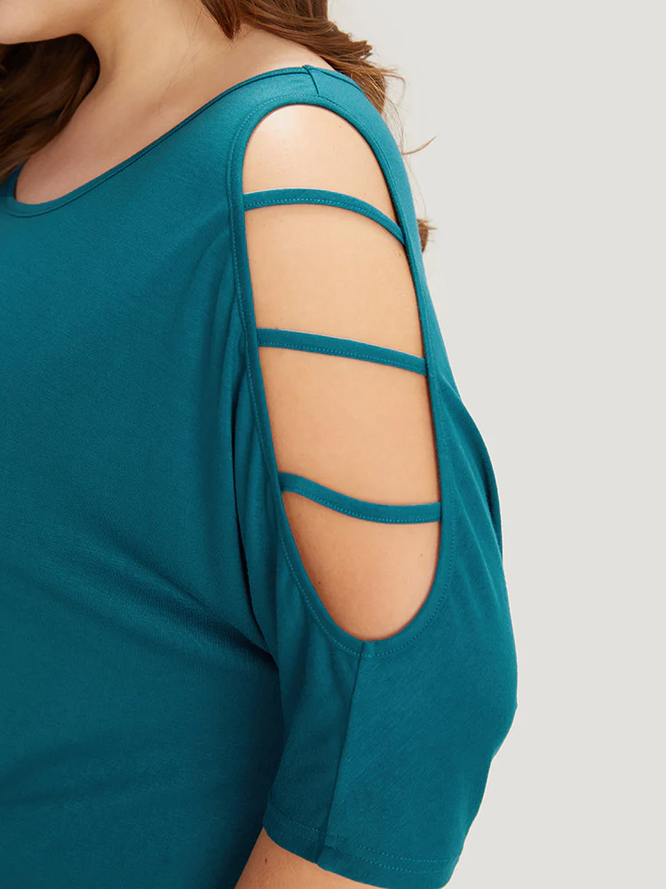 Solid Cut Out Round Neck Dolman Sleeve T-shirt - Image 6